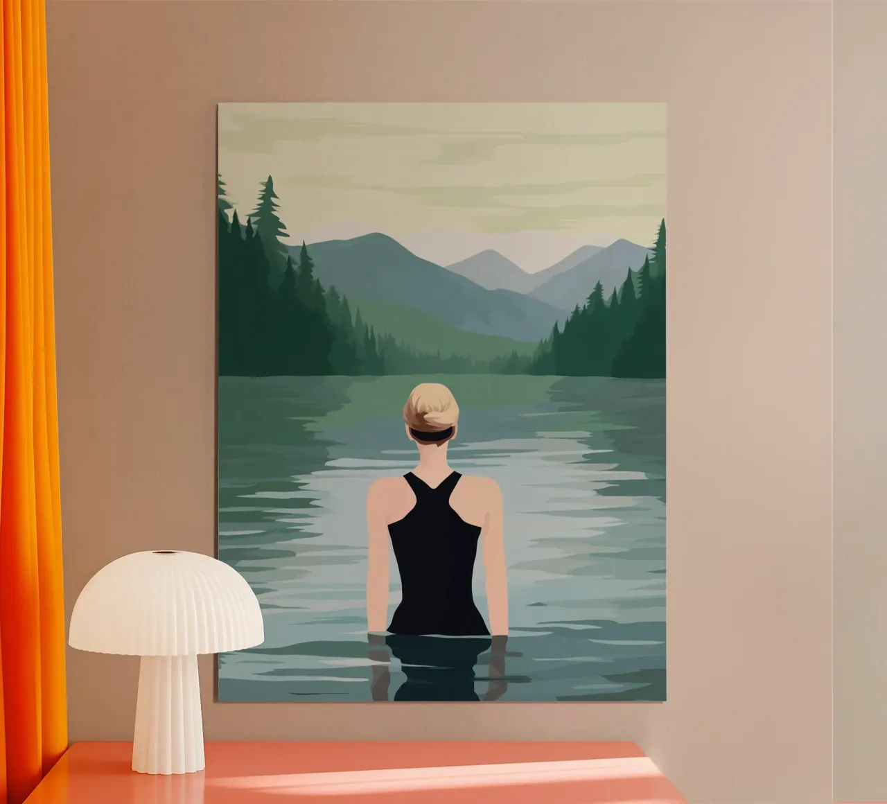 Woman bathing in a mountain lake | Outdoor Painting poster with wooden frame by Autofocus