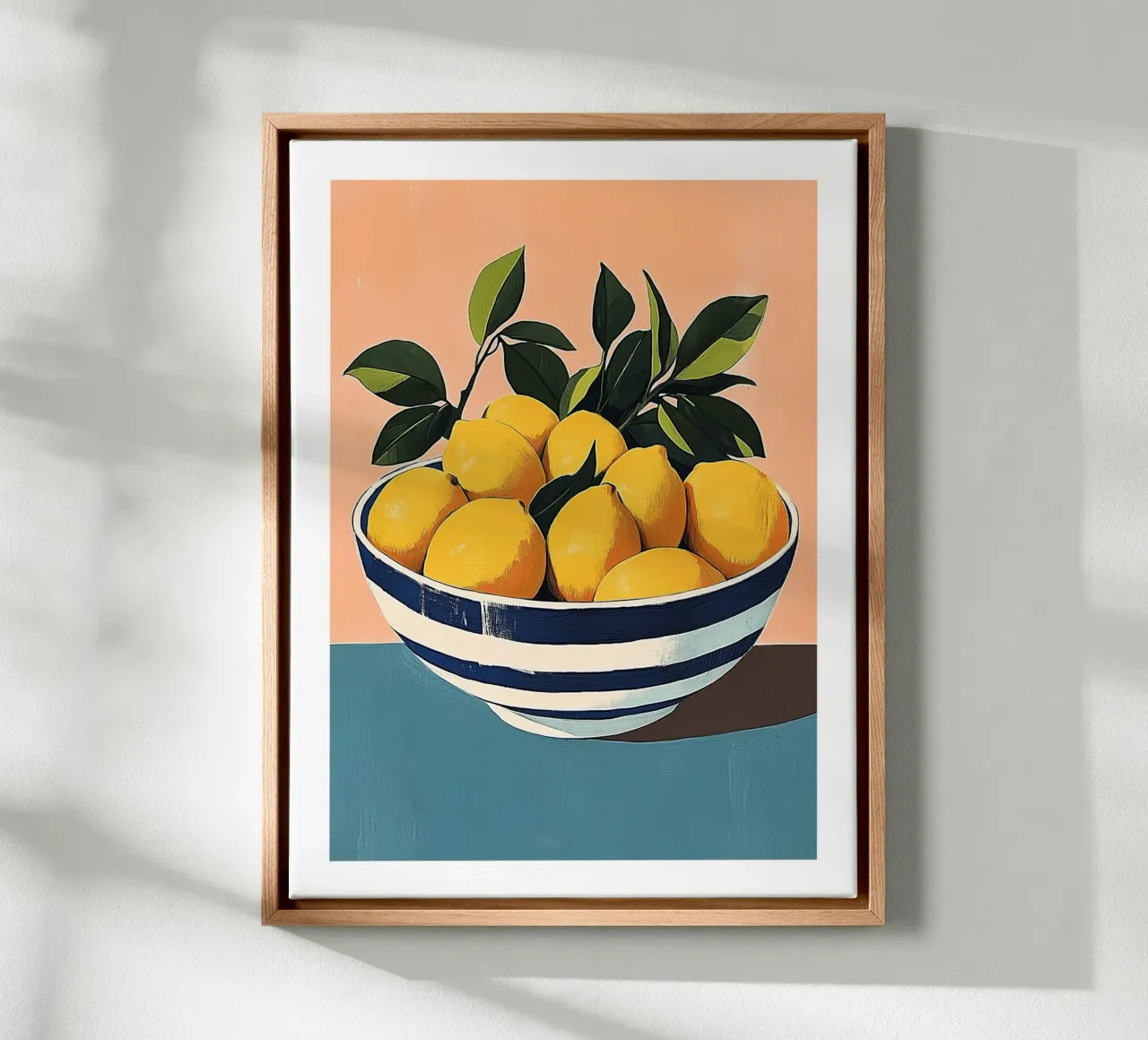 Bowl of lemons on a pastel background canvas with Floater frame by Spice & Style