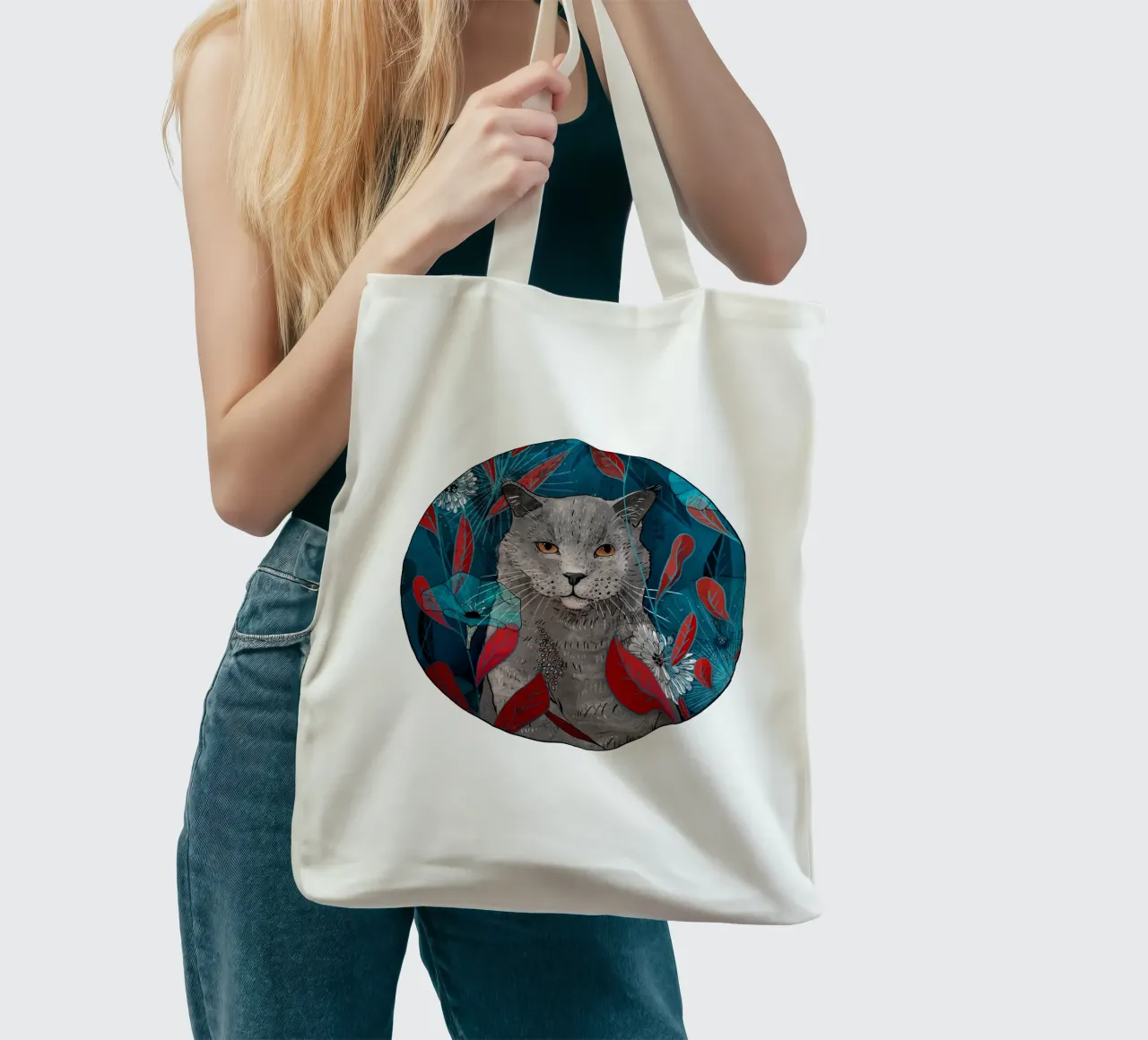 Gatto con fiori blu e foglie rosse borsa in juta da AnimalArt