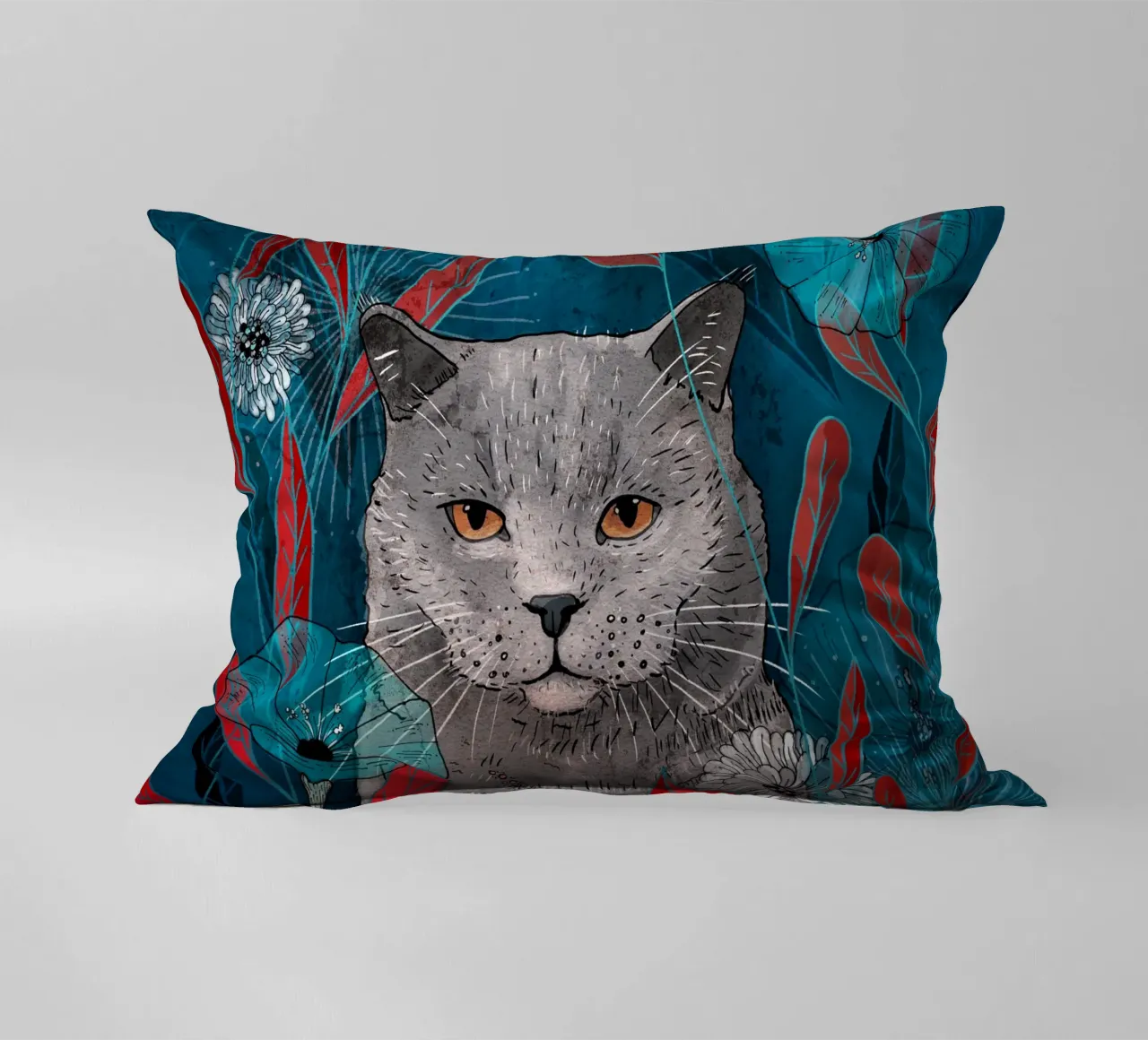 Katze mit blauen Blumen und roten Blättern Kissen von AnimalArt
