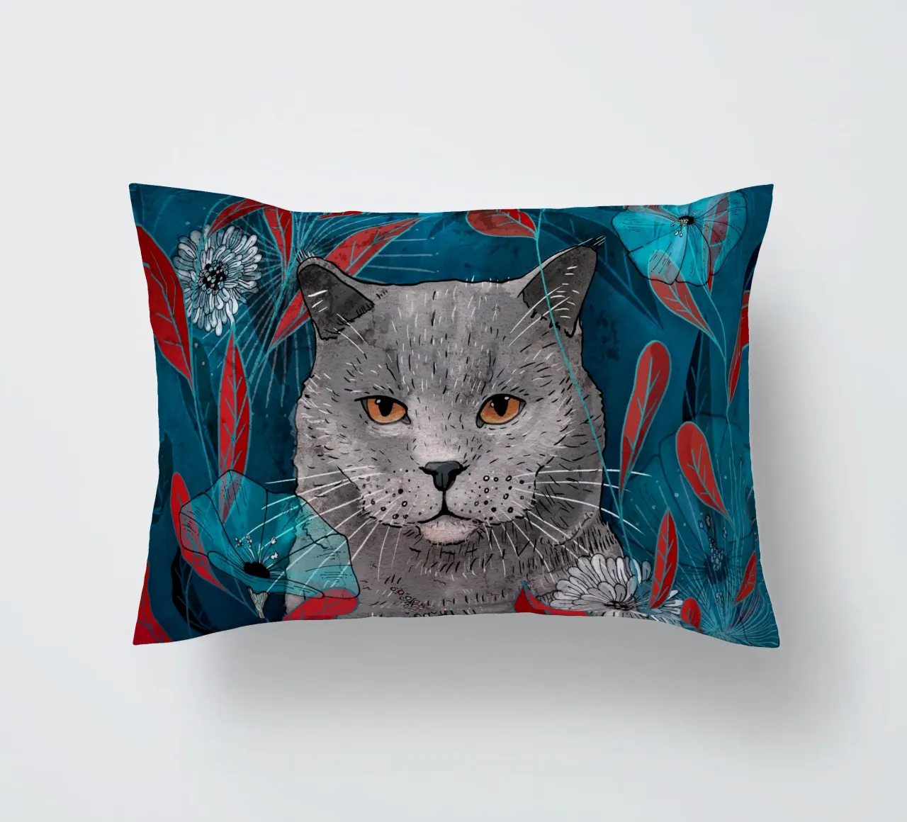Katze mit blauen Blumen und roten Blättern Kissen von AnimalArt