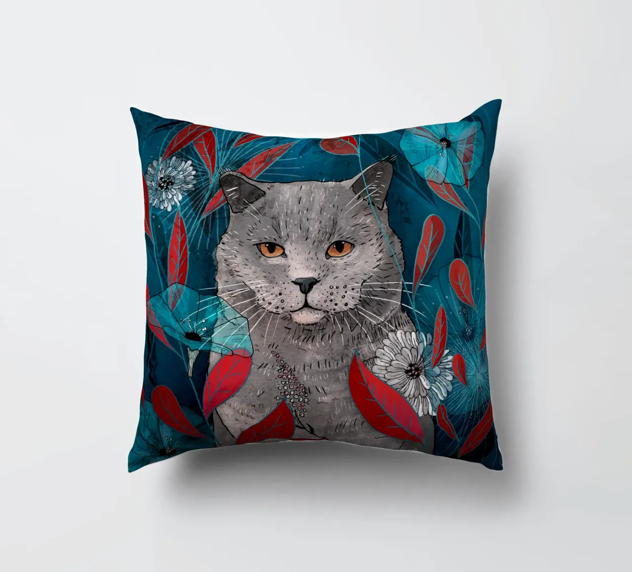 Katze mit blauen Blumen und roten Blättern Kissen von AnimalArt