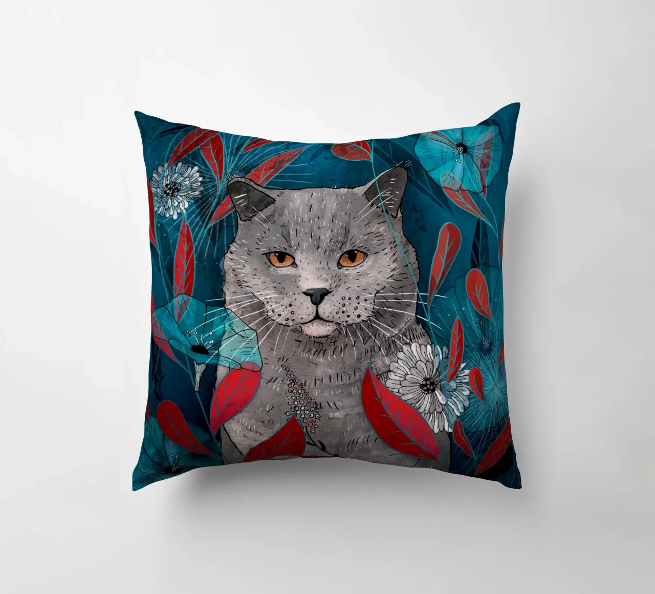 Katze mit blauen Blumen und roten Blättern Kissen von AnimalArt