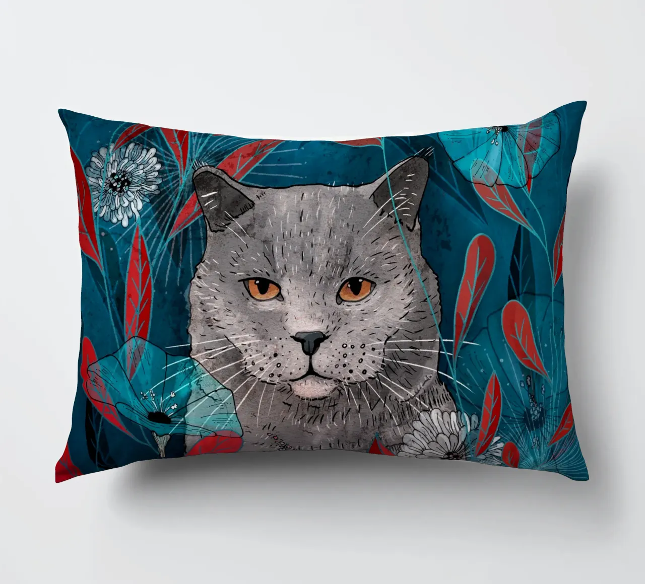 Katze mit blauen Blumen und roten Blättern Kissen von AnimalArt
