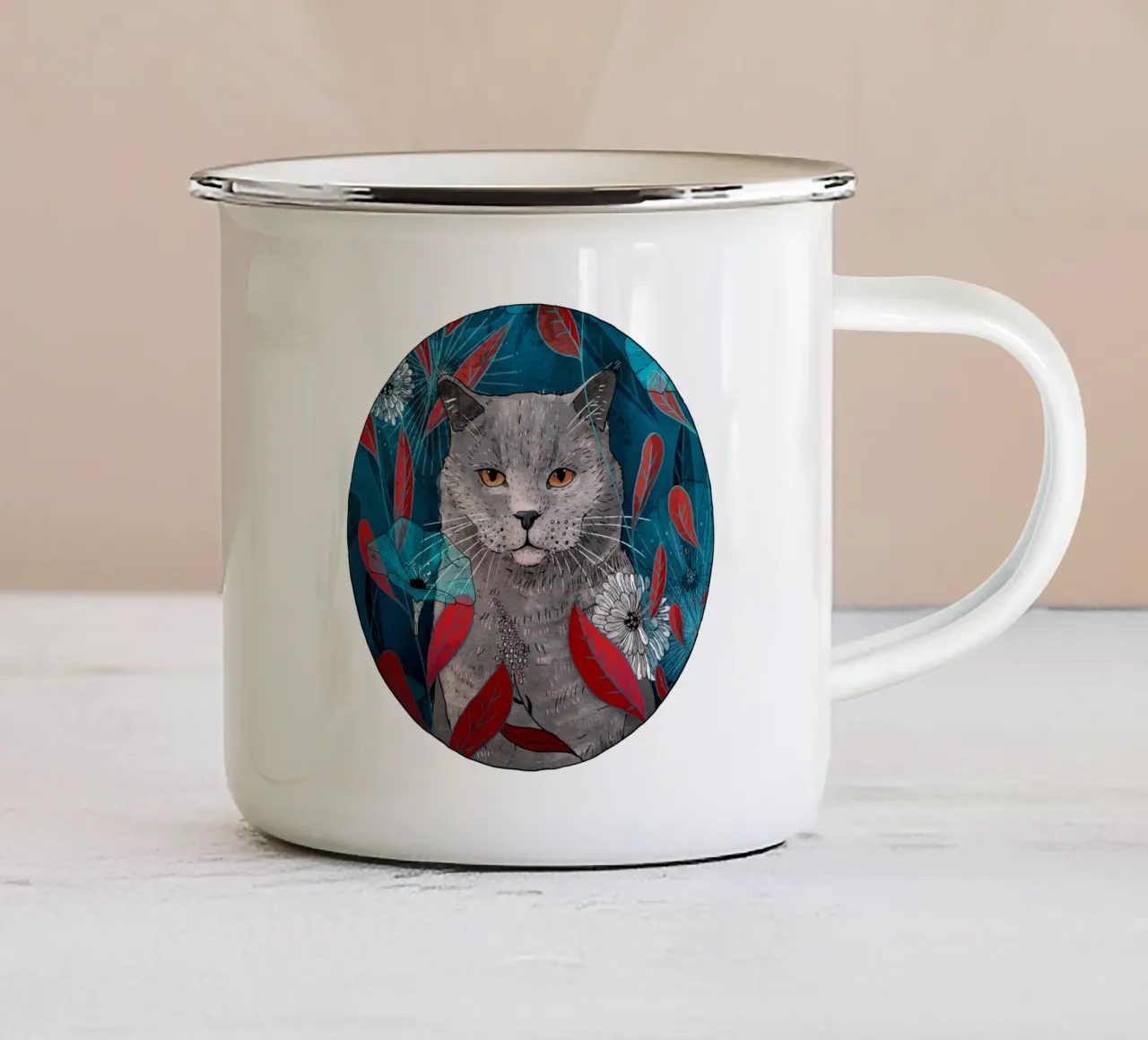 Gatto con fiori blu e foglie rosse tazza in smalto da AnimalArt