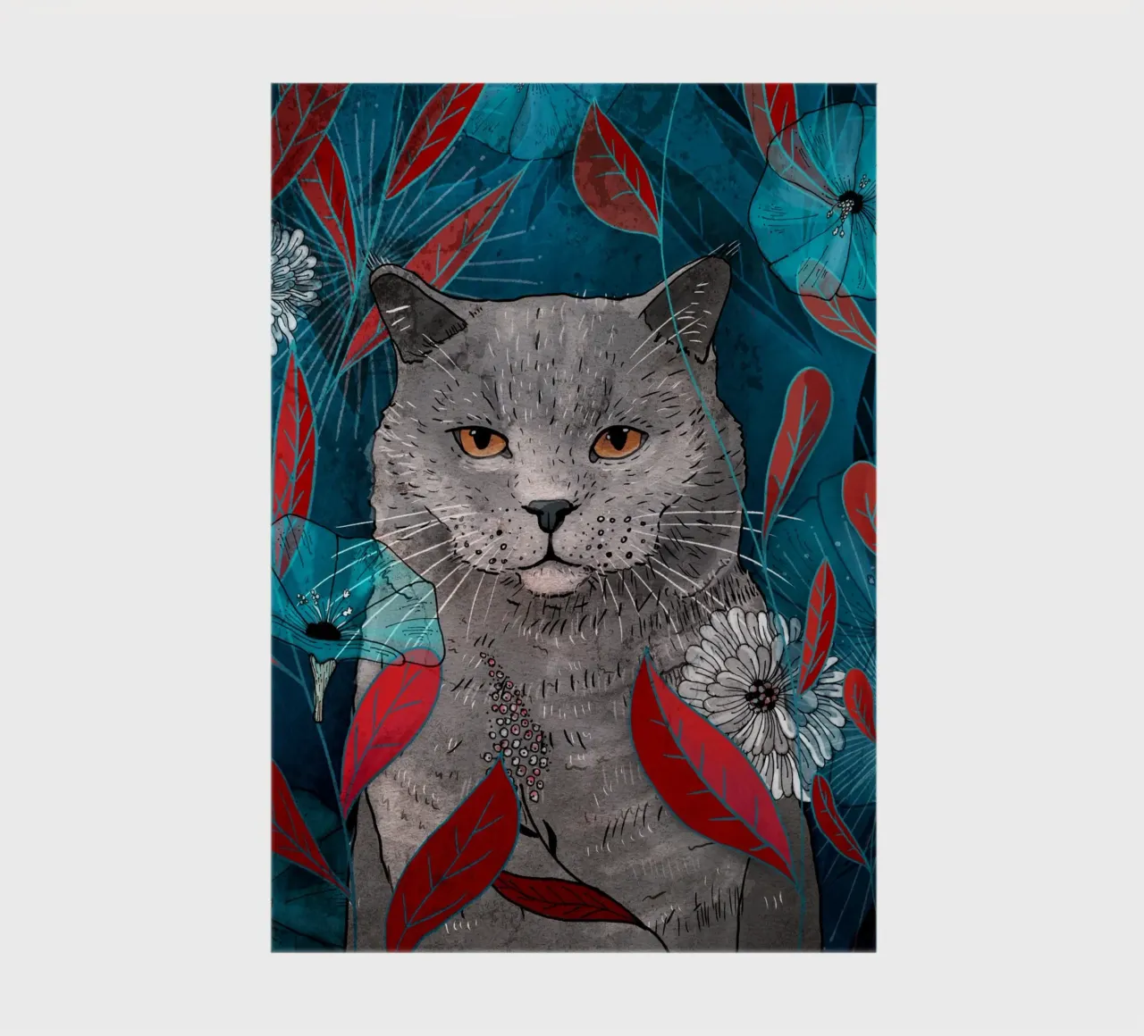 Cat with blue flowers and red leaves notebook by AnimalArt