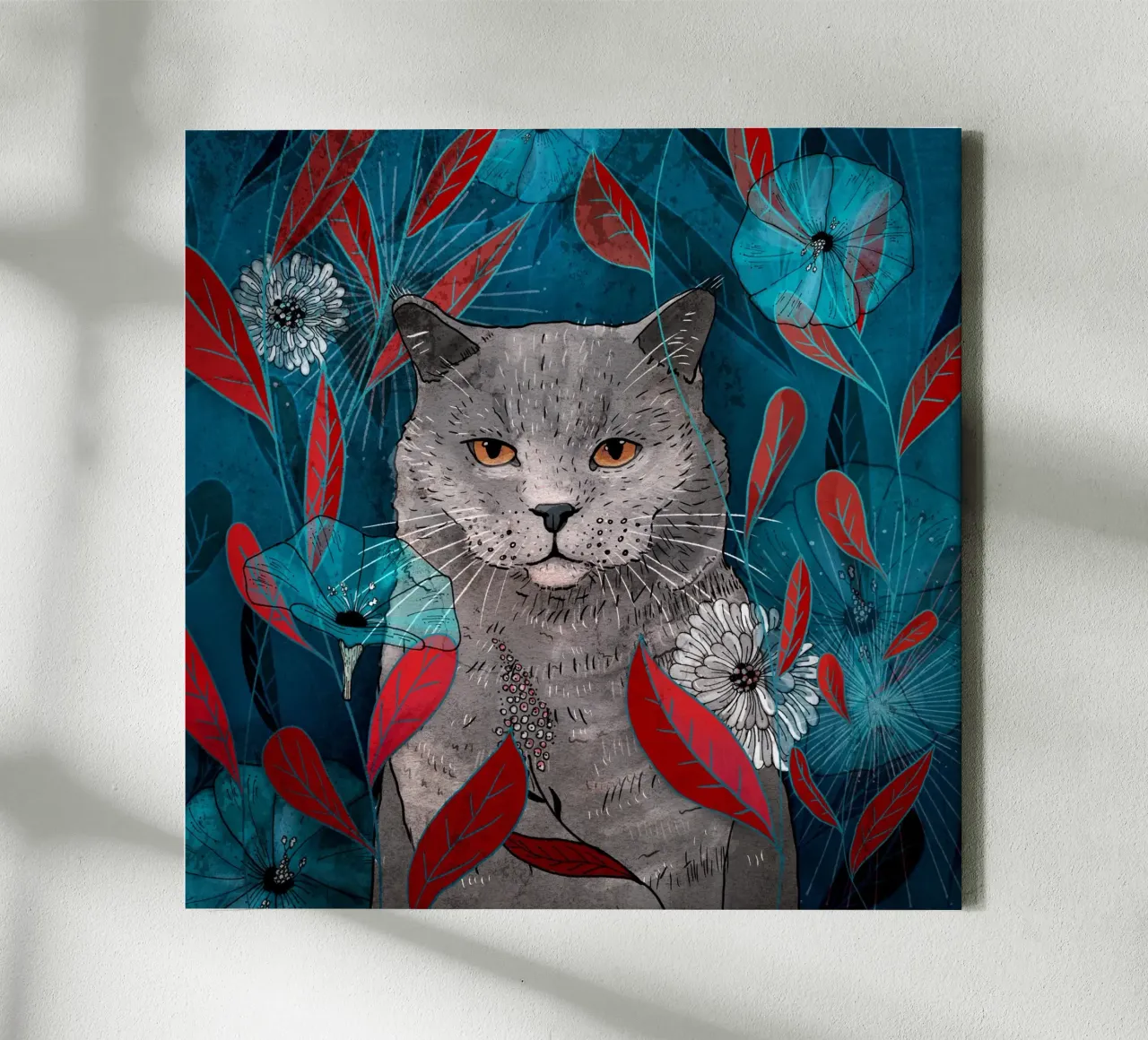 Cat with blue flowers and red leaves canvas by AnimalArt