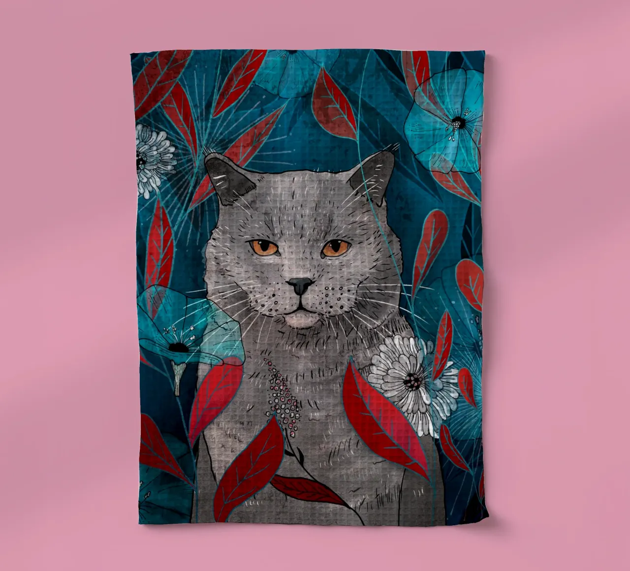 Chat avec fleurs bleues et feuilles rouges torchon de AnimalArt