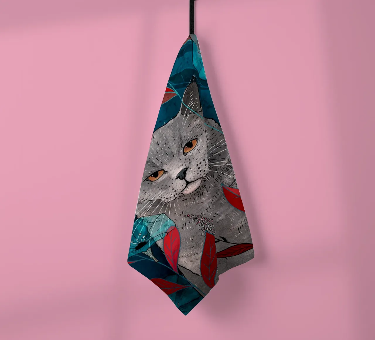 Chat avec fleurs bleues et feuilles rouges torchon de AnimalArt