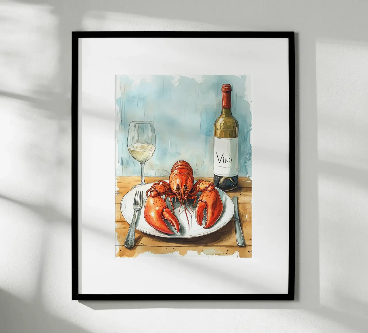 Aragosta e vino bianco poster con telaio in legno da Spice & Style
