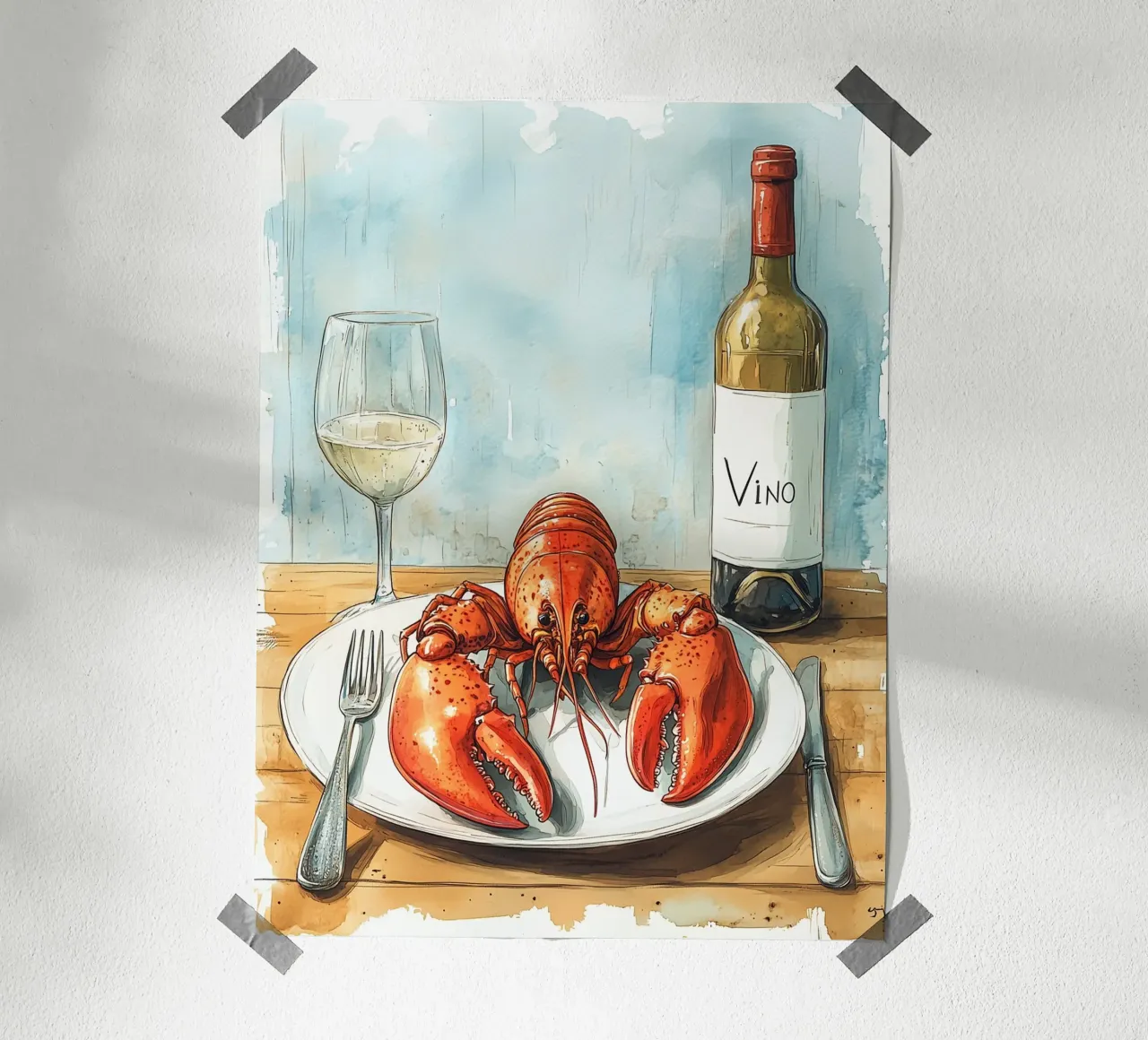 Aragosta e vino bianco poster con telaio in legno da Spice & Style