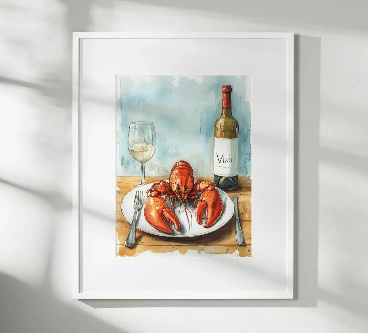 Aragosta e vino bianco poster con telaio in legno da Spice & Style