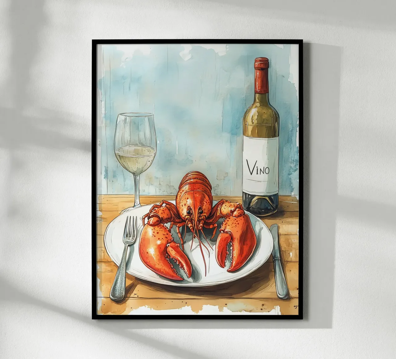 Aragosta e vino bianco poster con telaio in legno da Spice & Style