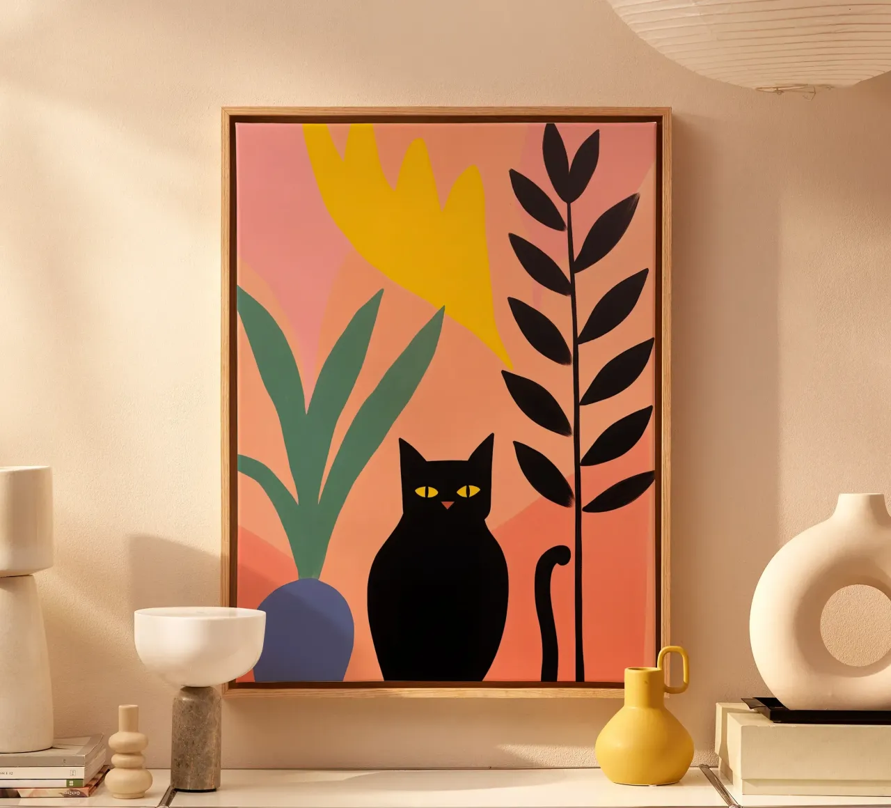 Gatto nero tra le piante d'appartamento | Pittura a pastello tela con Cornice a cassetta da Autofocus