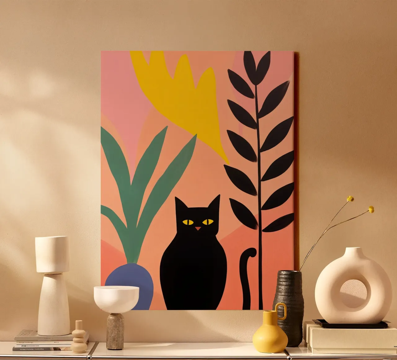 Gatto nero tra le piante d'appartamento | Pittura a pastello tela con Cornice a cassetta da Autofocus