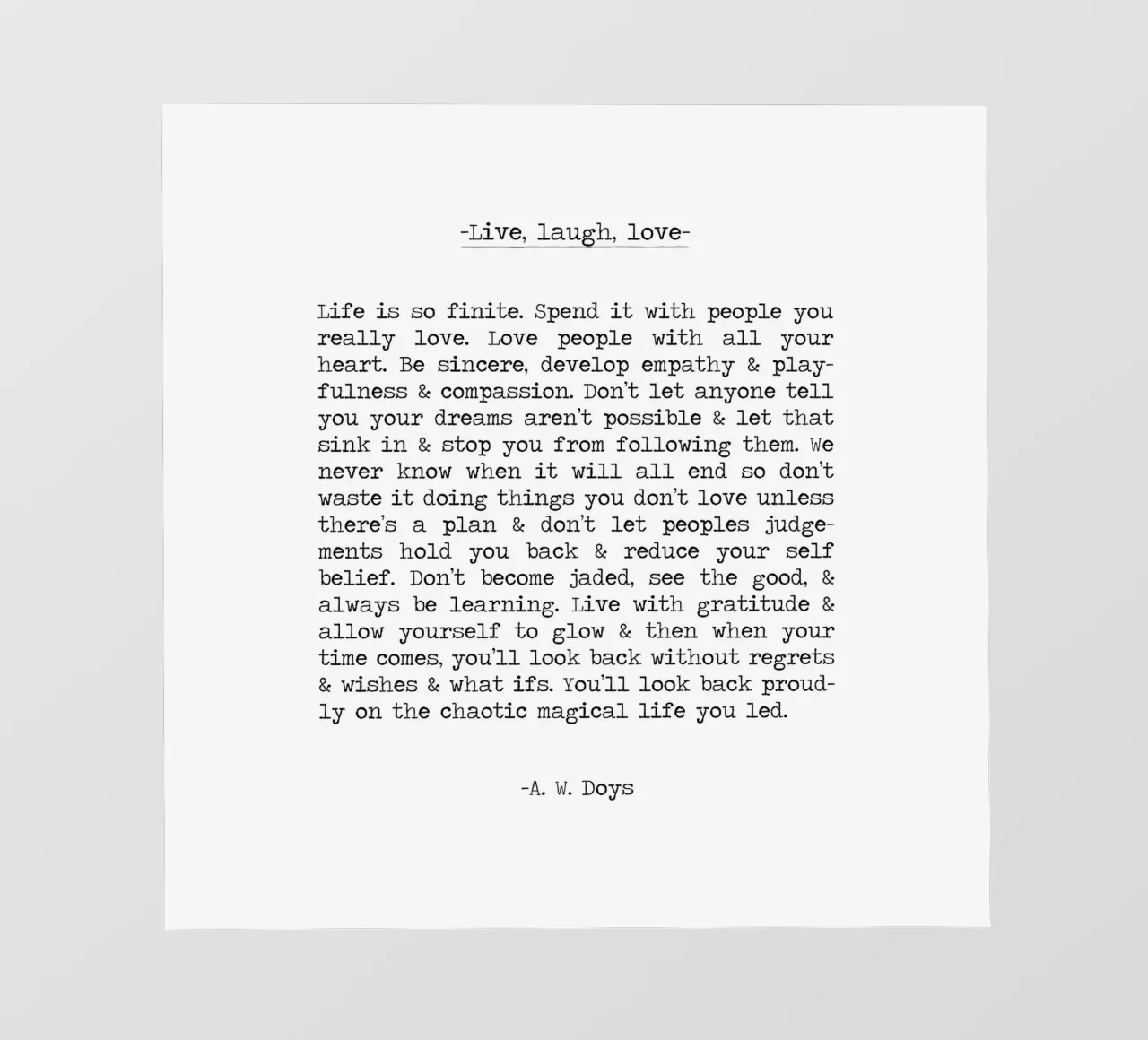 Lebe Lache Liebe Lang A. W. Doys Schreibmaschine Typografie Zitat PVC Plane von Summer Soul Co. - Quotes