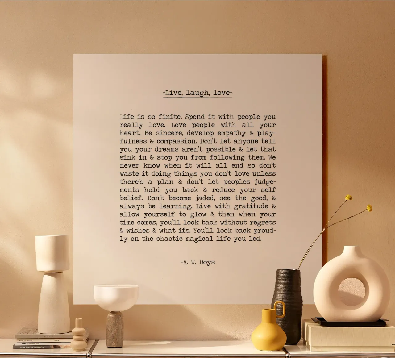 Lebe Lache Liebe Lang A. W. Doys Schreibmaschine Typografie Zitat Acryl-Glas von Summer Soul Co. - Quotes