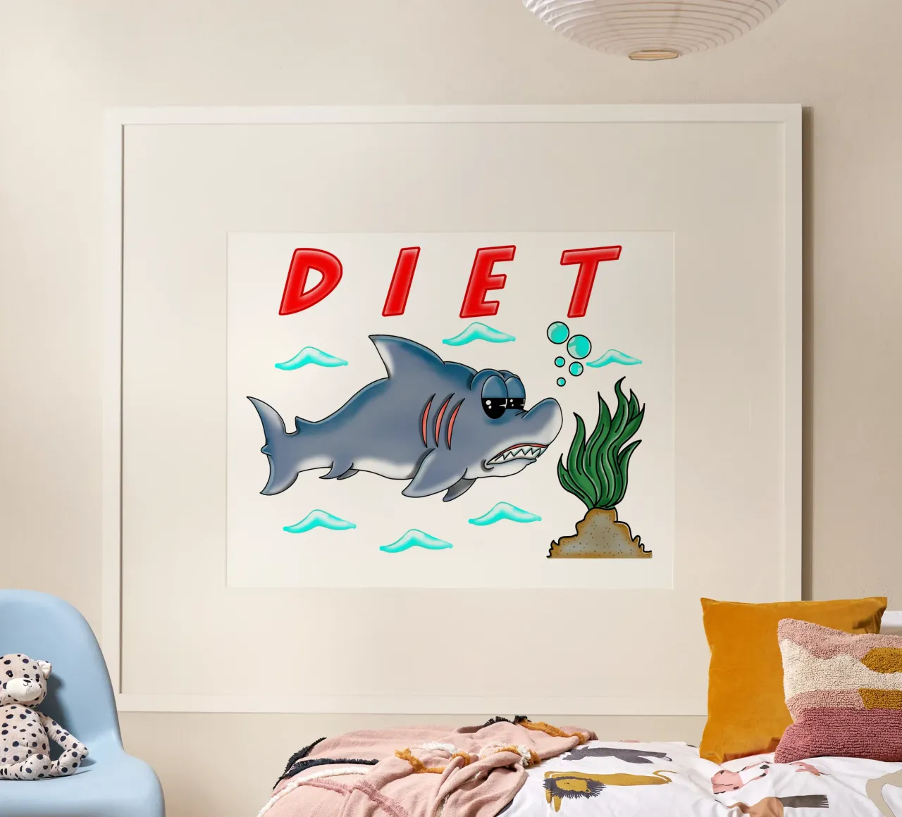Divertente Dieta Cartone animato Squalo Umorismo Sarcastico Design poster con telaio in alluminio da sillyindustries