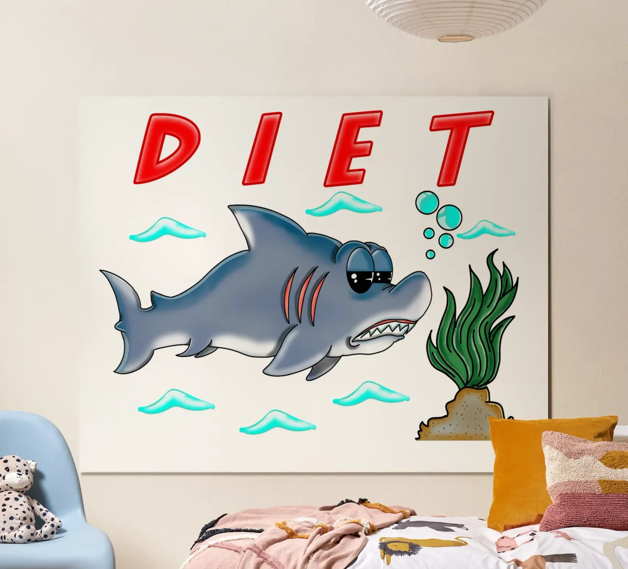 Divertente Dieta Cartone animato Squalo Umorismo Sarcastico Design poster con telaio in alluminio da sillyindustries