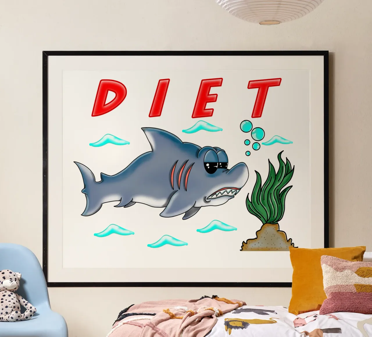 Divertente Dieta Cartone animato Squalo Umorismo Sarcastico Design poster con telaio in alluminio da sillyindustries