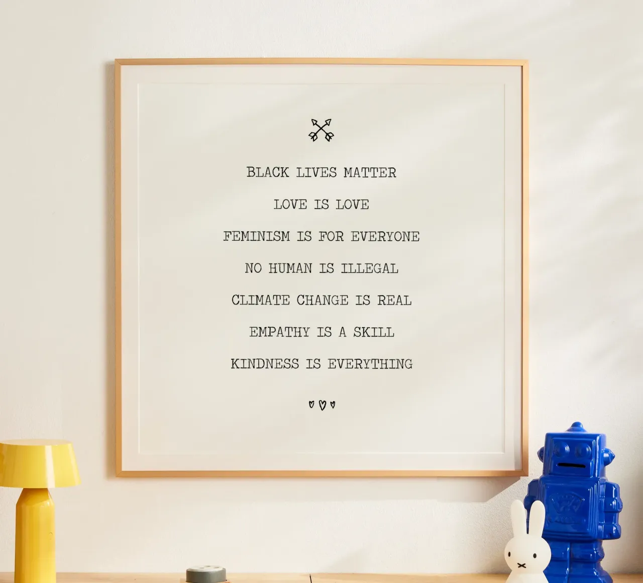 black lives matter, amore, femminismo, cambiamento climatico, gentilezza poster con telaio in legno da Summer Soul Co. - Quotes