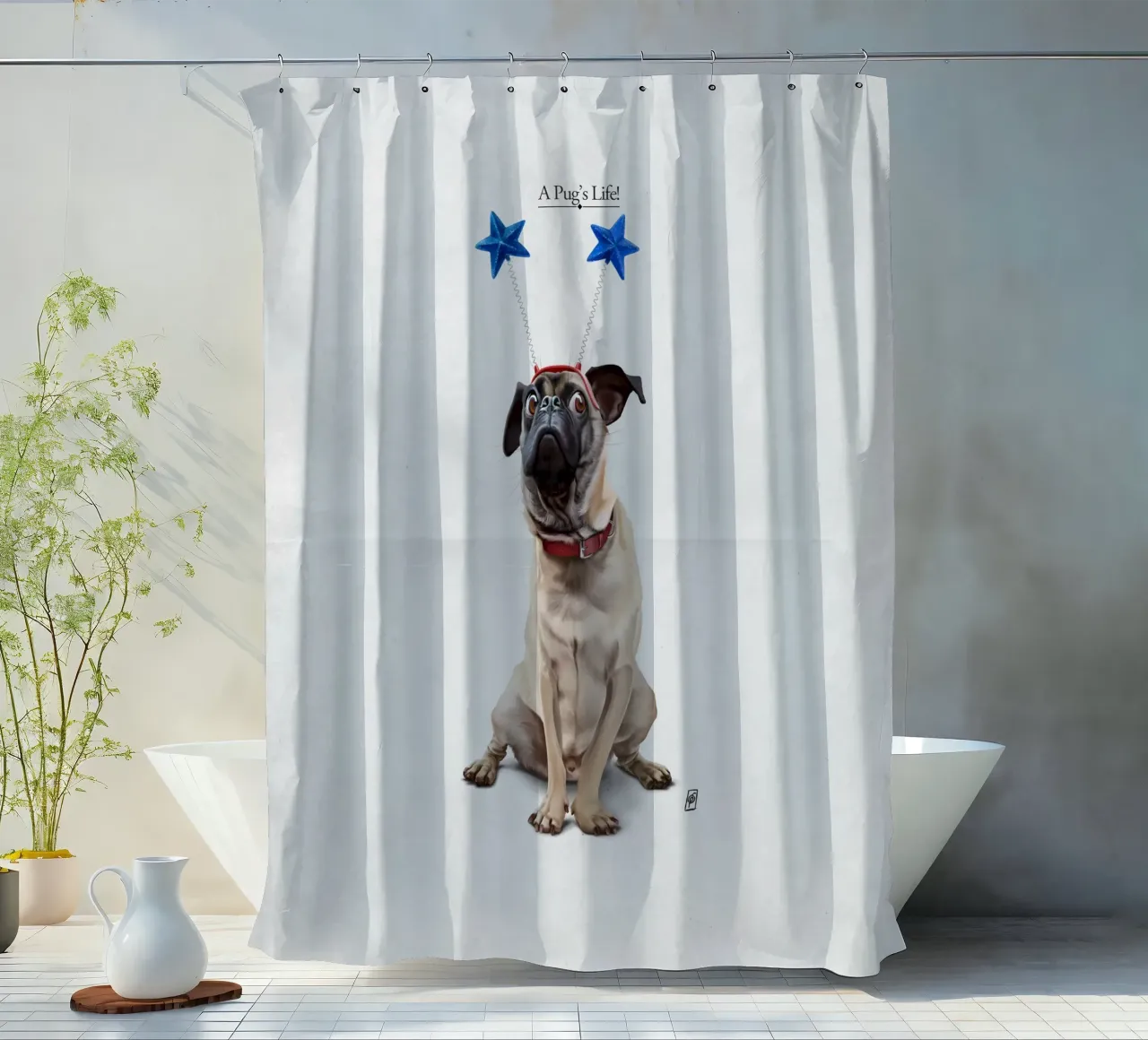 A Pug's Life! (Titled) shower curtain by Rob Art | Illustration
