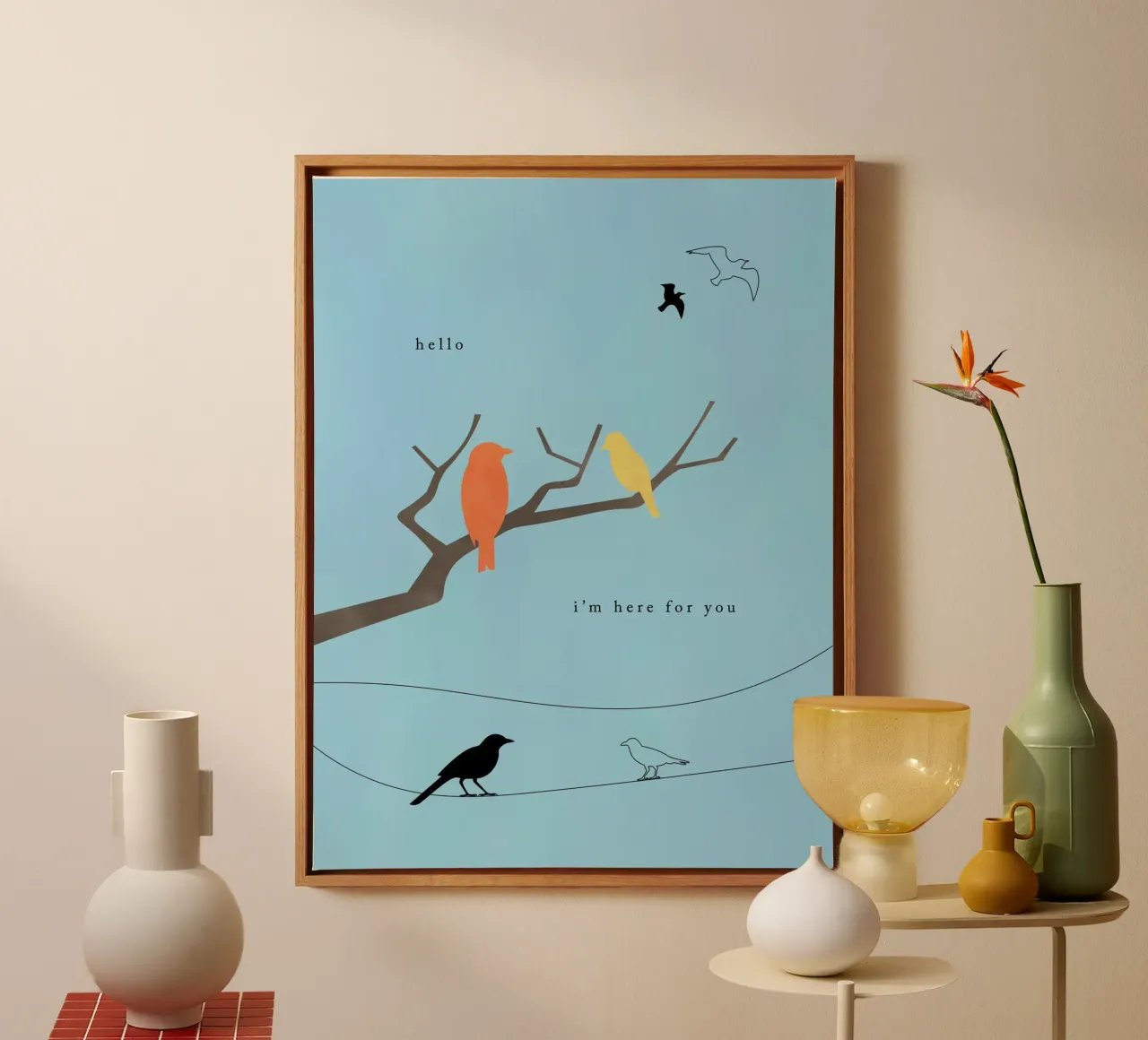 Hello Birds canvas met Baklijst van natural neutral