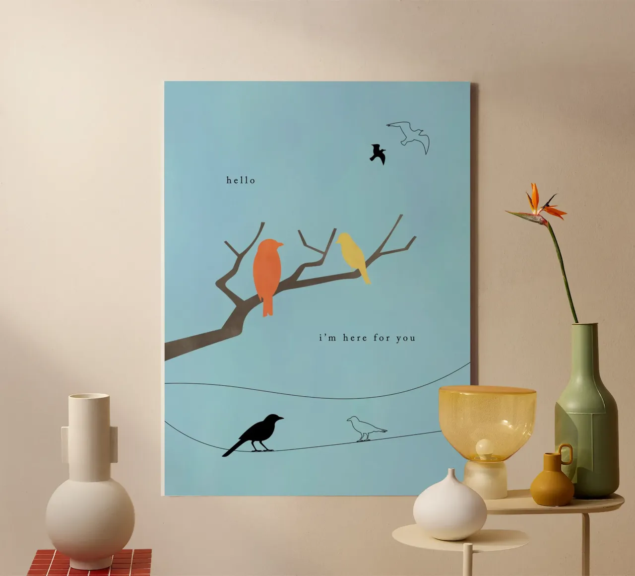 Hello Birds canvas met Baklijst van natural neutral