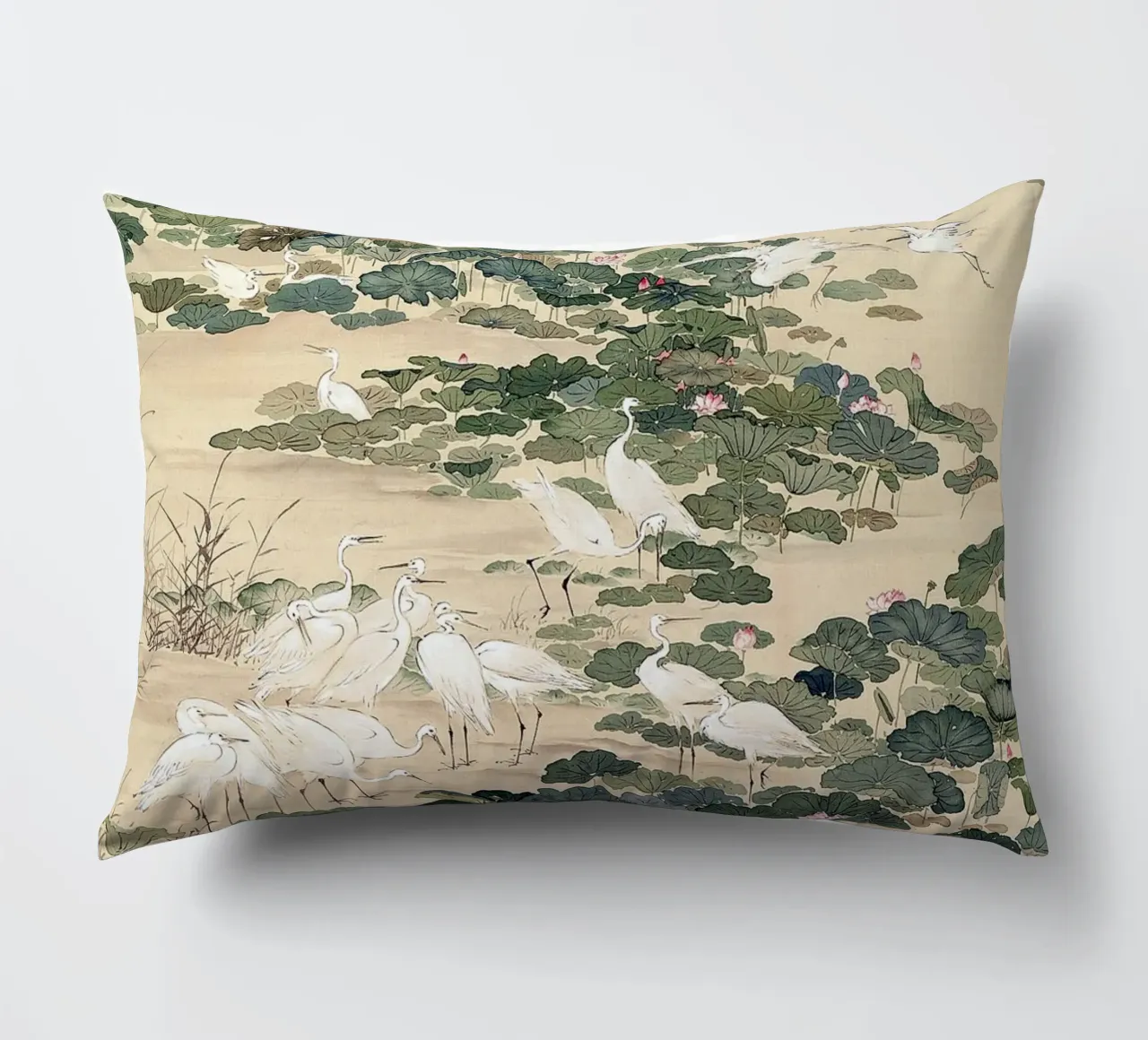 Egrets in a Lotus Pond cuscino da apoloprints