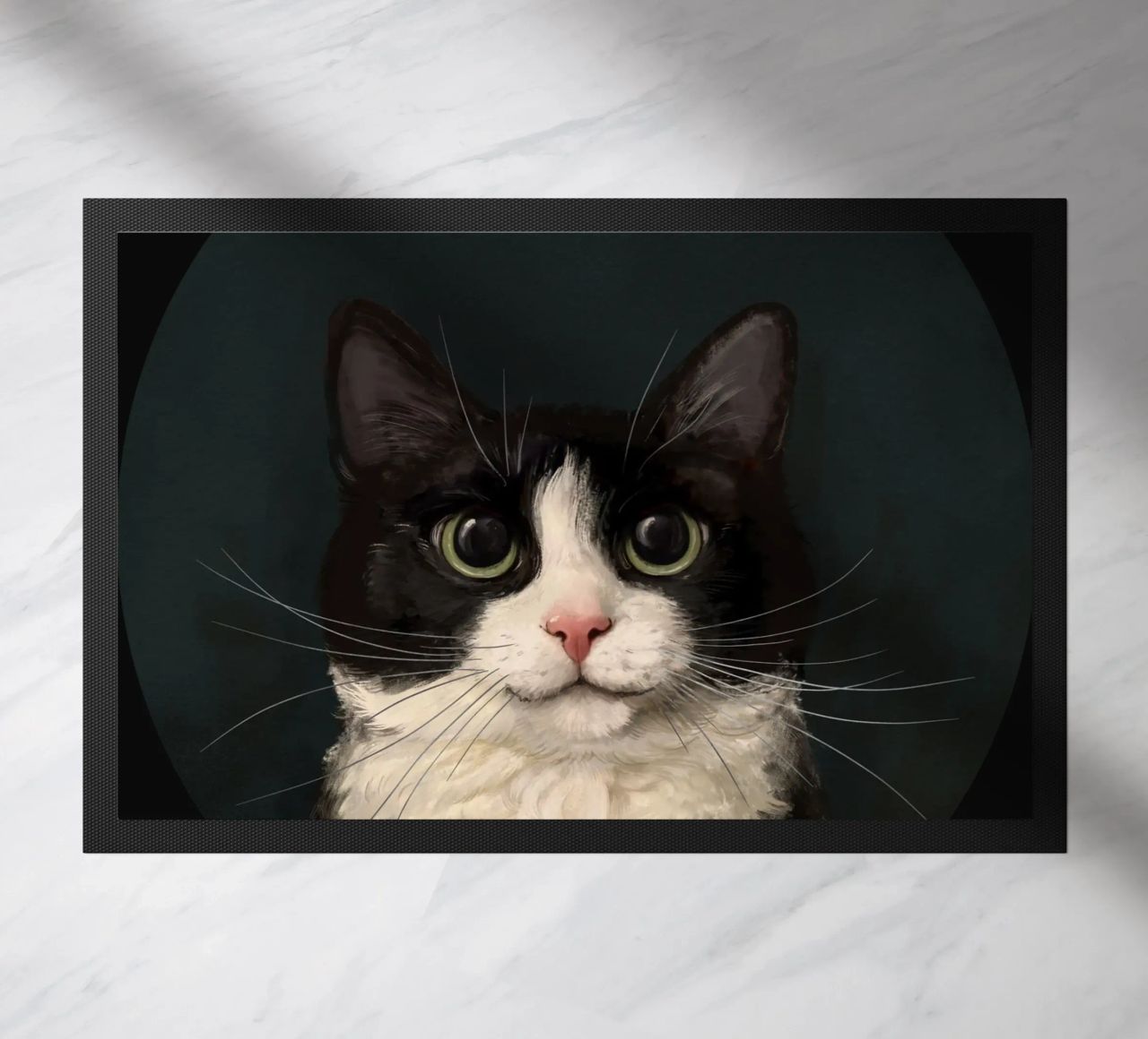 Tuxedo Cat Portrait doormat by Laura Graves