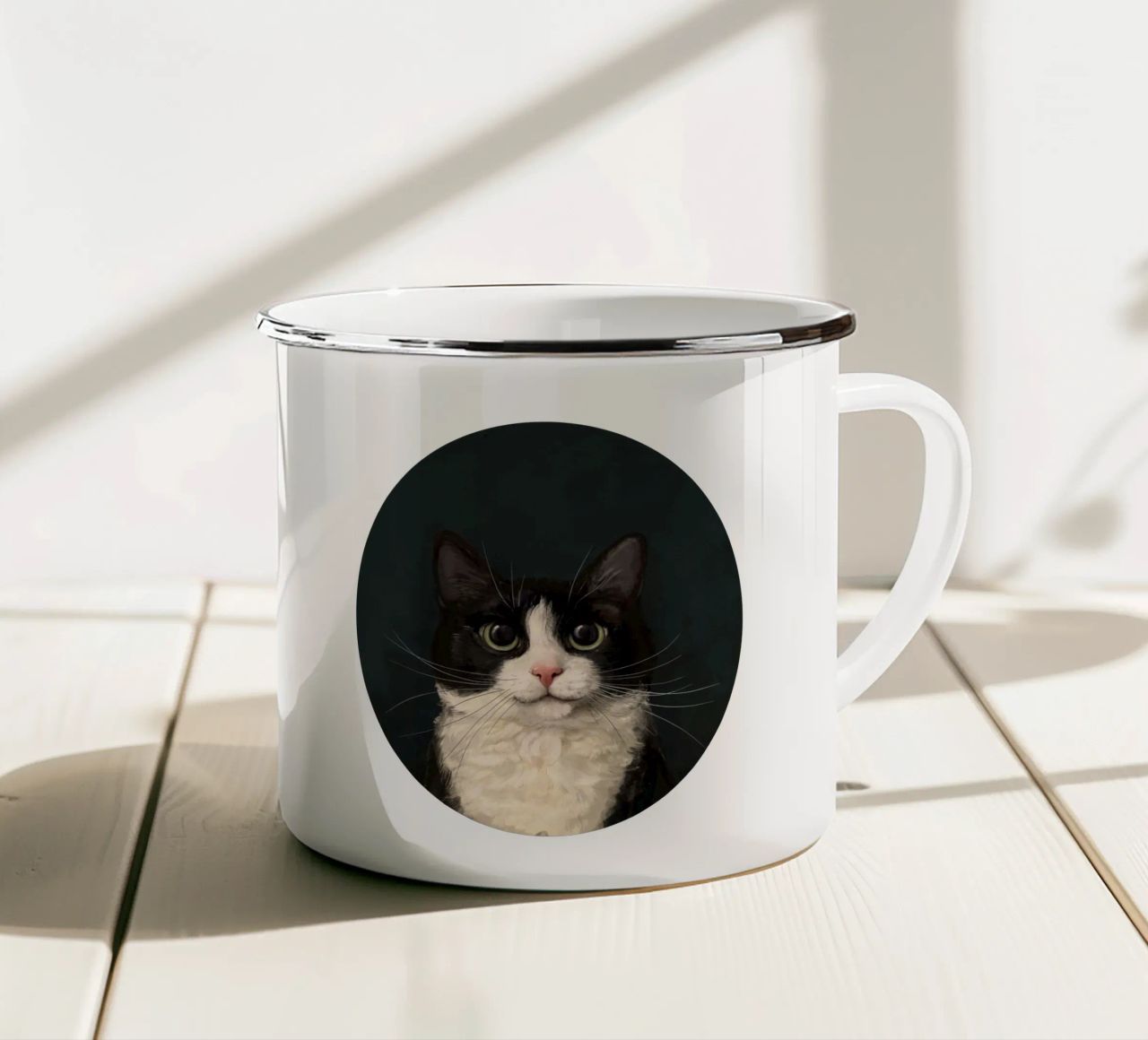 Tuxedo Cat Portrait enamel mug by Laura Graves