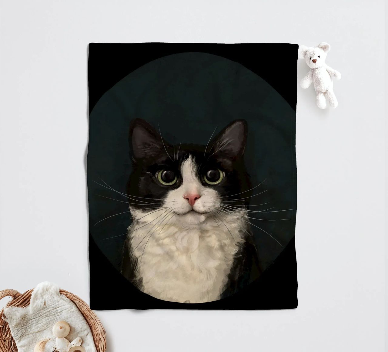 Tuxedo Cat Portrait fleece blanket by Laura Graves