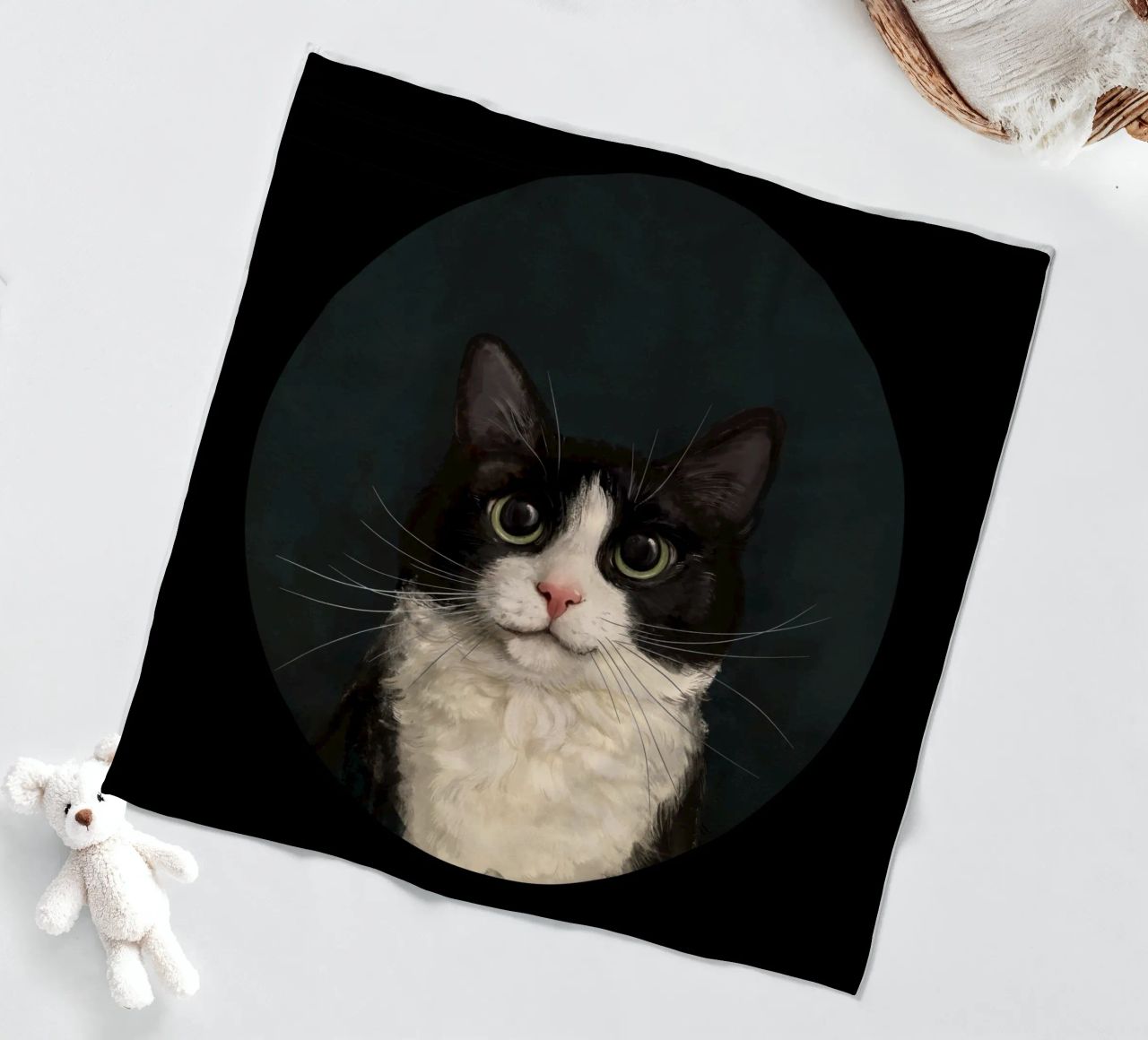 Tuxedo Cat Portrait fleece blanket by Laura Graves
