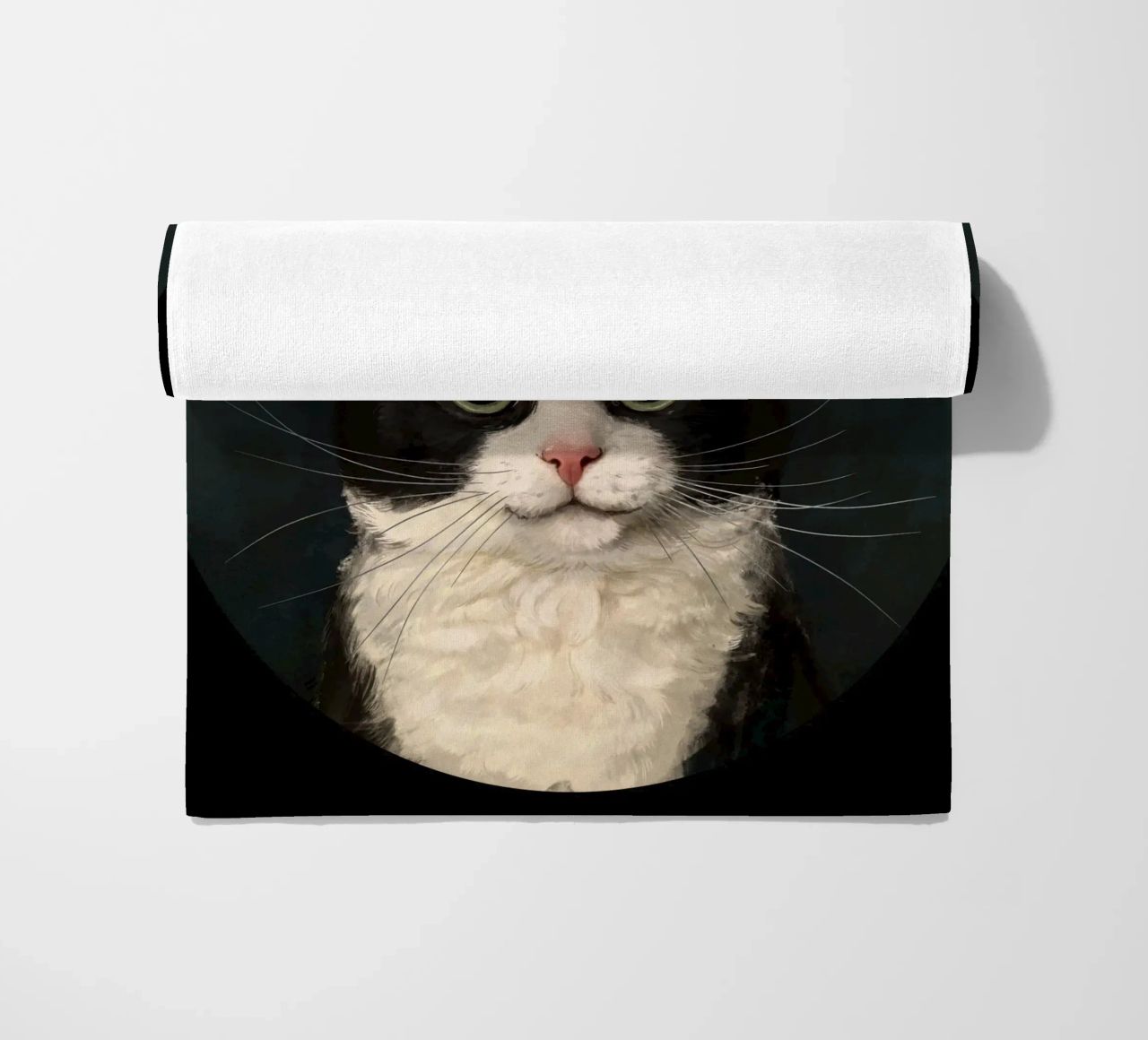 Tuxedo Cat Portrait beach towel by Laura Graves