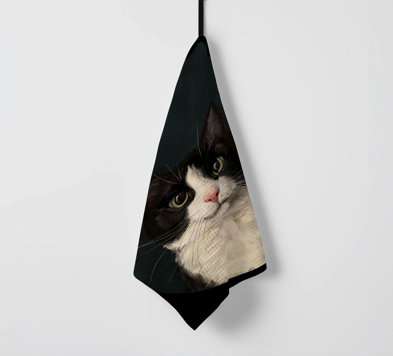 Tuxedo Cat Portrait tea towel by Laura Graves