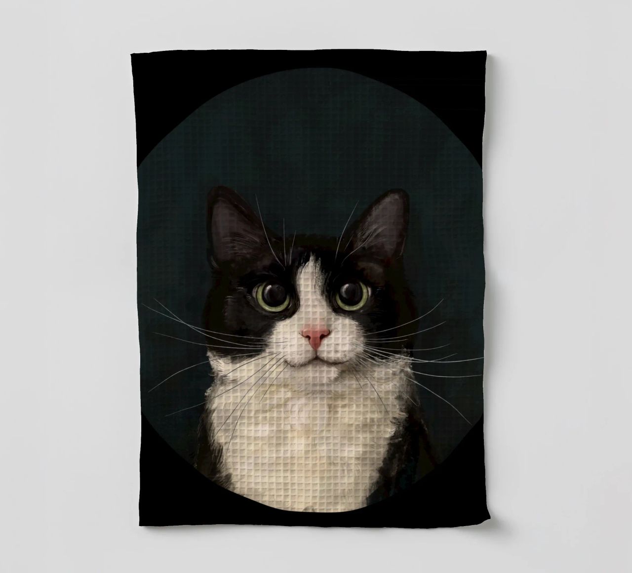 Tuxedo Cat Portrait tea towel by Laura Graves