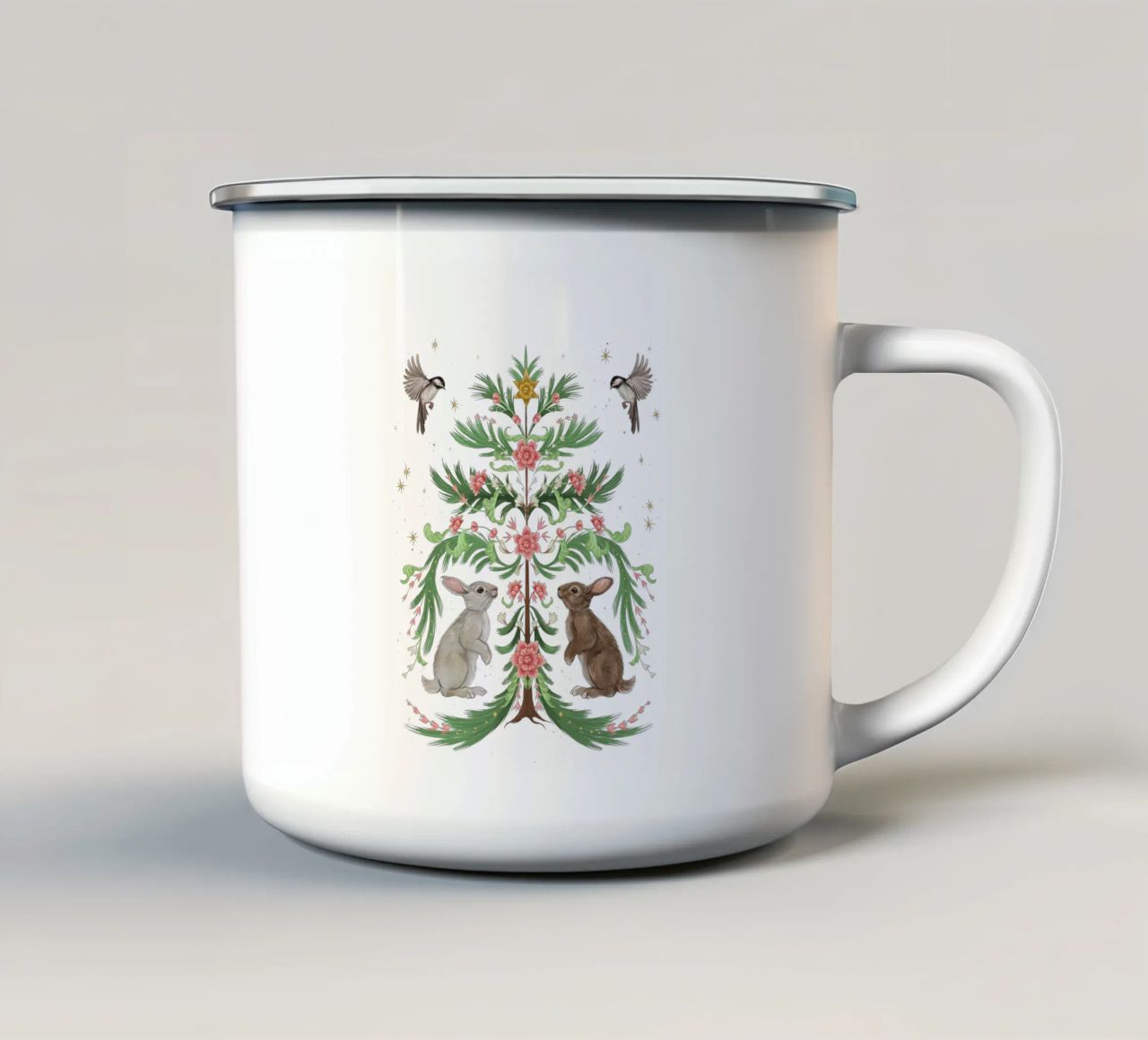 Yule Tree Rabbits tazza in smalto da Laura Graves