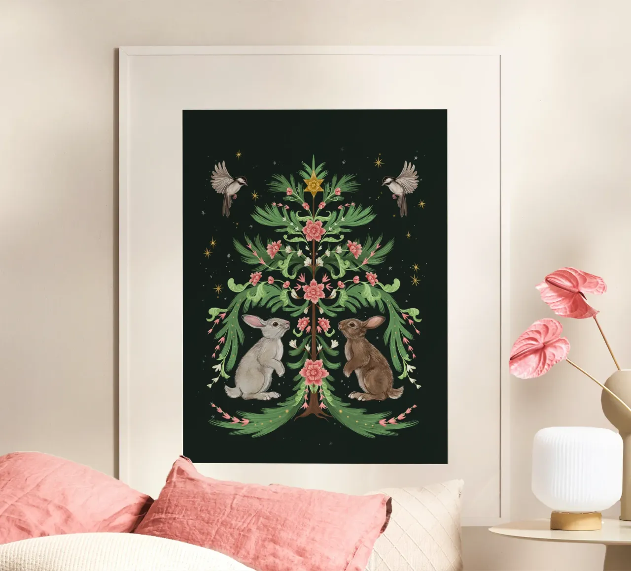 Yule Tree Rabbits poster con telaio in plastica da Laura Graves