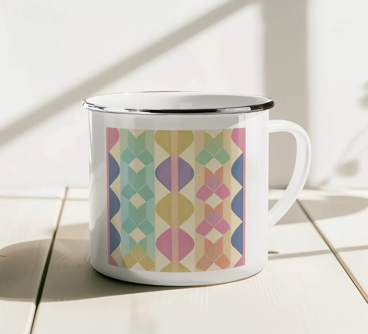 Elegant Geometric Pastel Rainbow Design for Modern Spaces enamel mug by HoneyDesignsByK