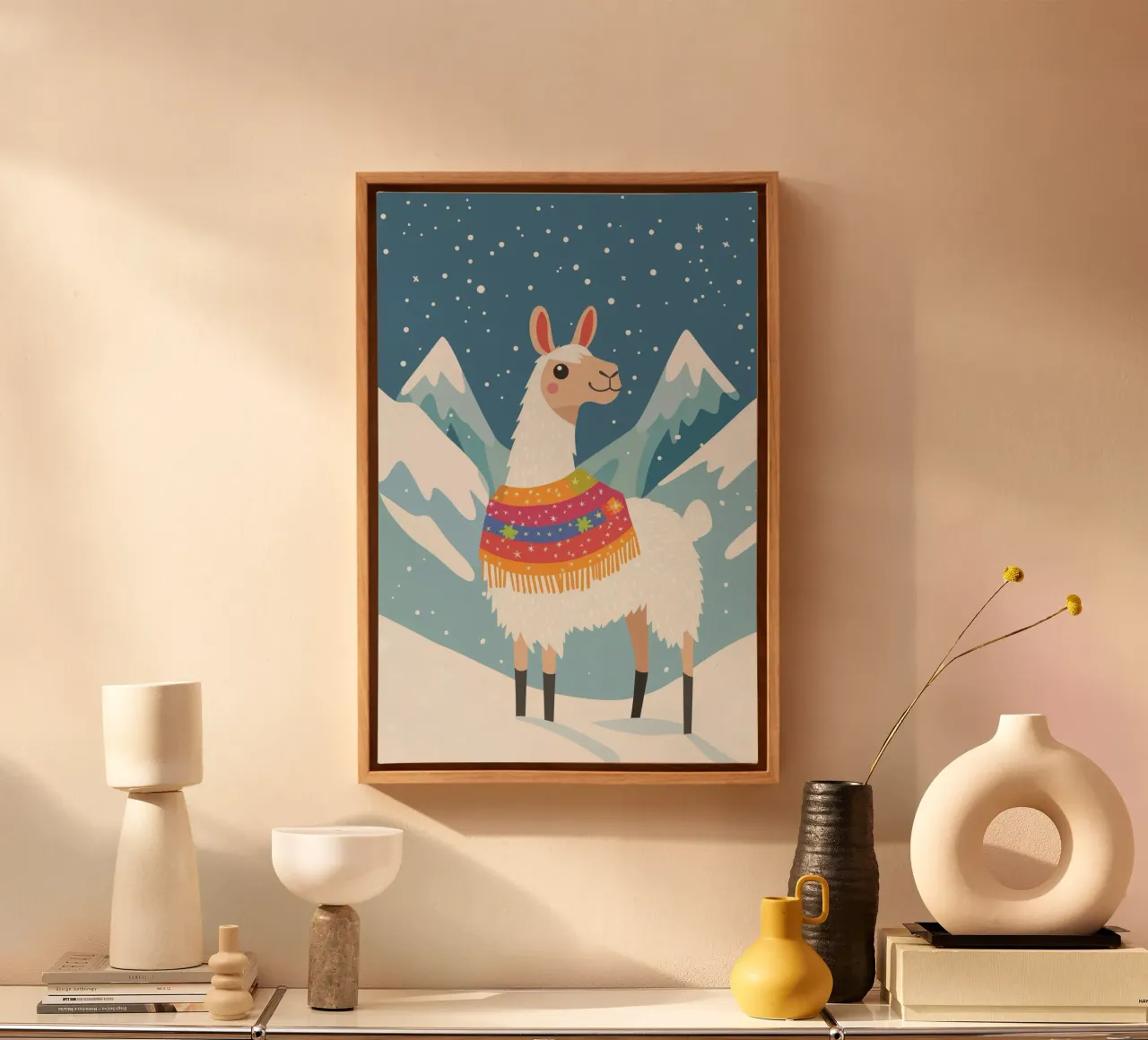 Llama in the mountains canvas with Floater frame by DreamPixel