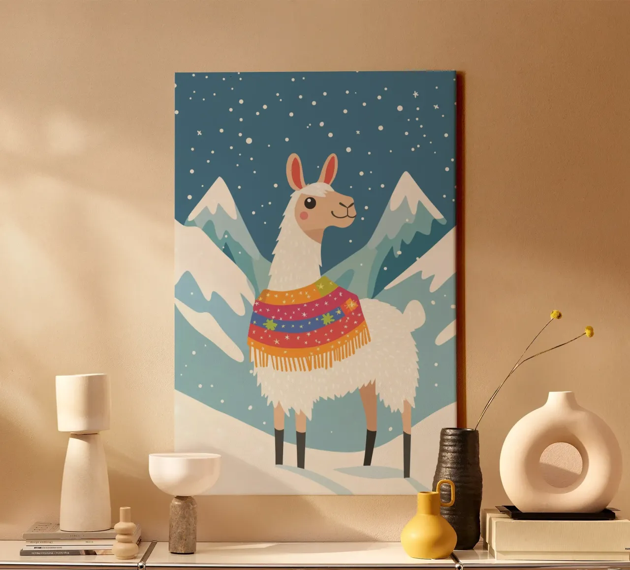 Llama in the mountains canvas with Floater frame by DreamPixel