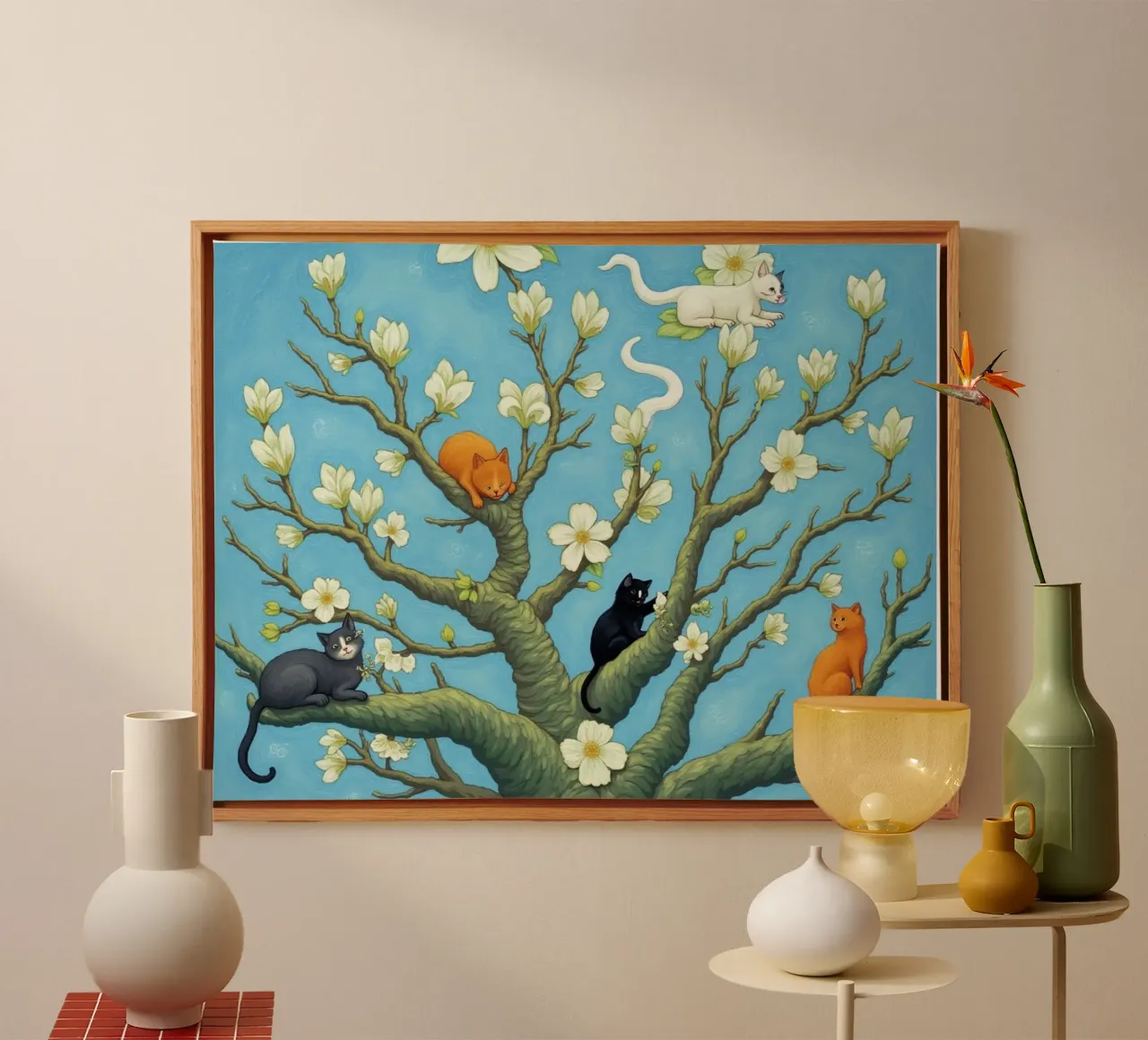 Cat in Blossom-Inspired Design canvas with Floater frame by Attaboy Dsgn