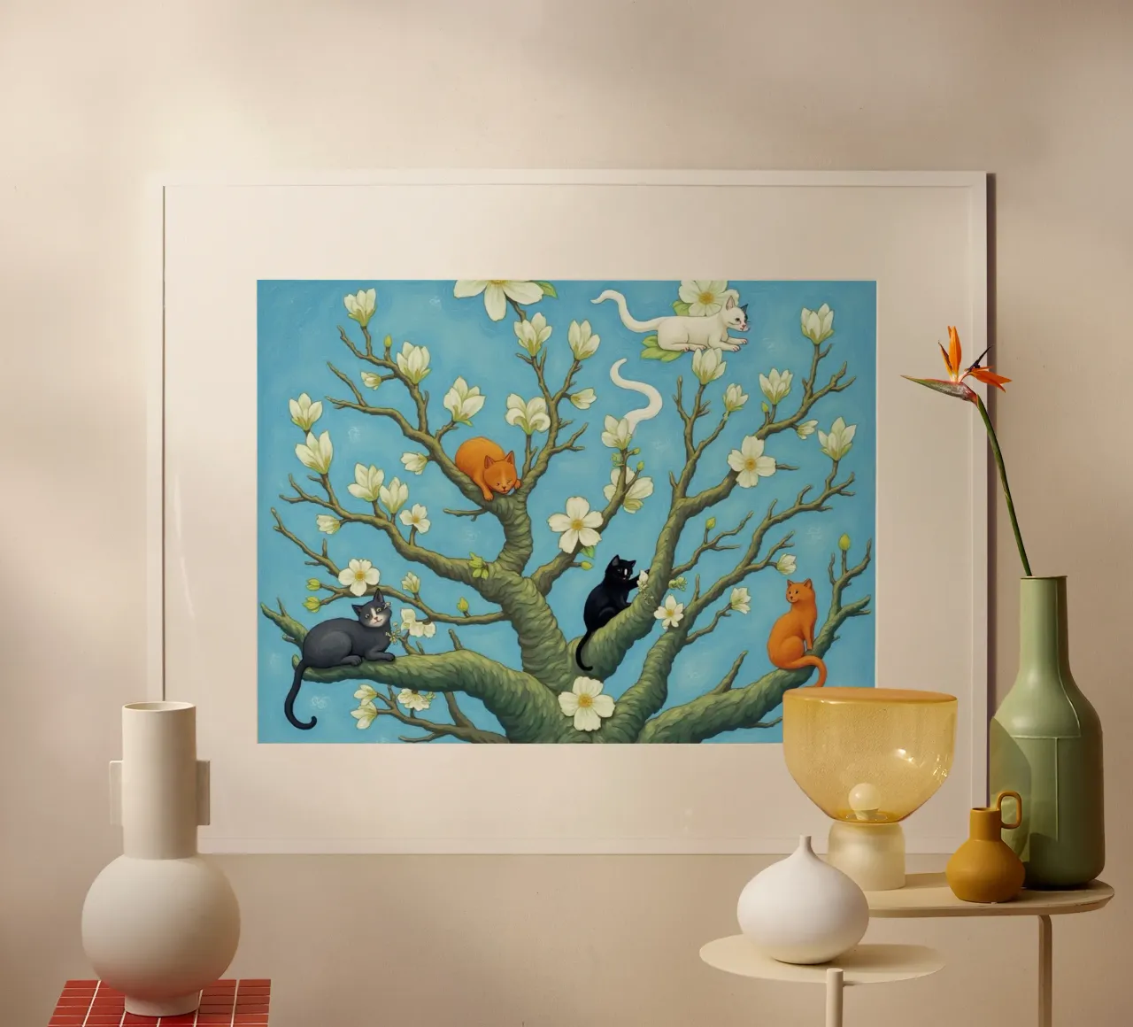 Cat in Blossom-Inspired Design poster with wooden frame by Attaboy Dsgn
