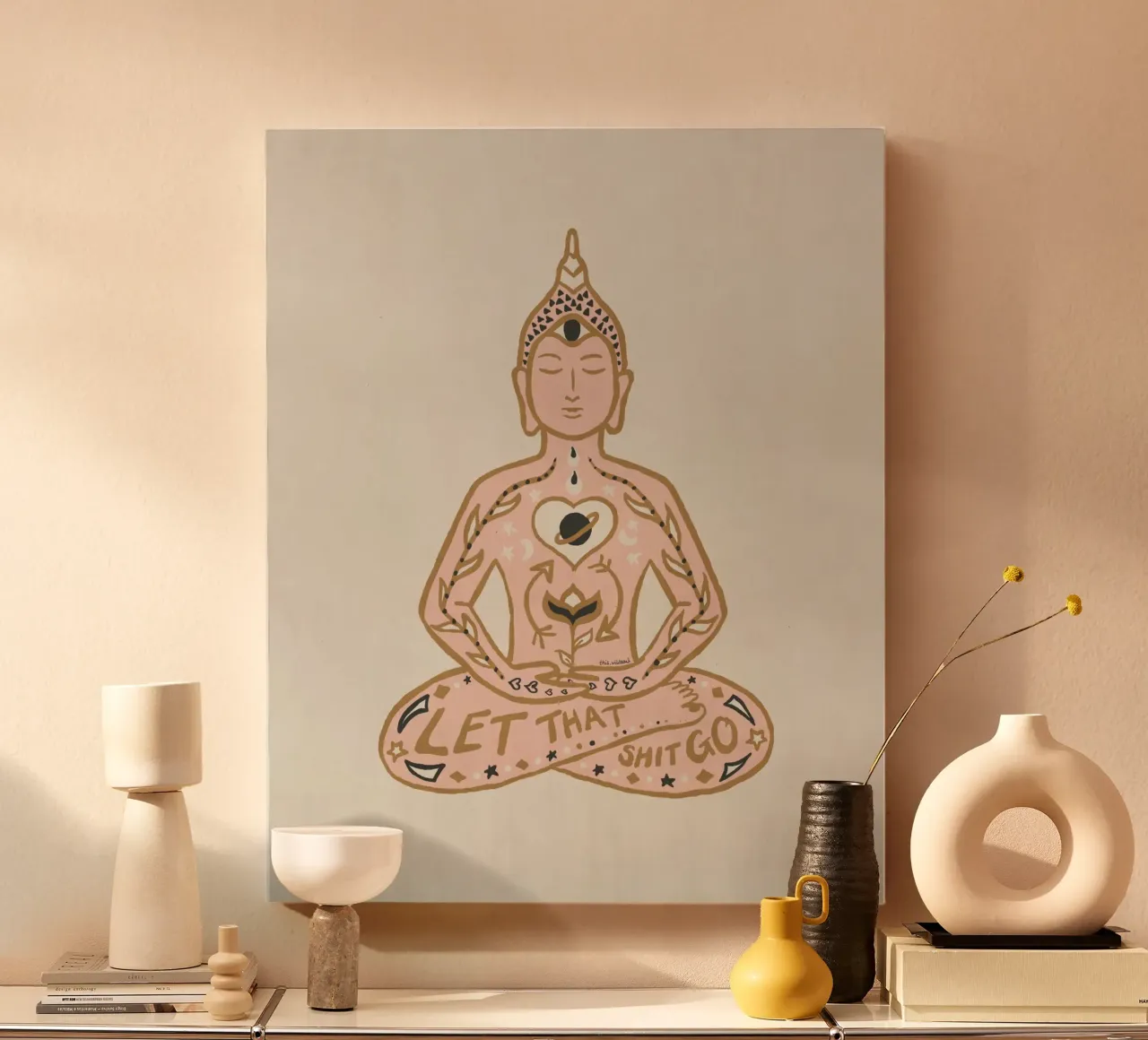 Laat die shit gaan Boeddha Meditatie Typografie Illustratie canvas met Baklijst van This Wild Soul - Illustration