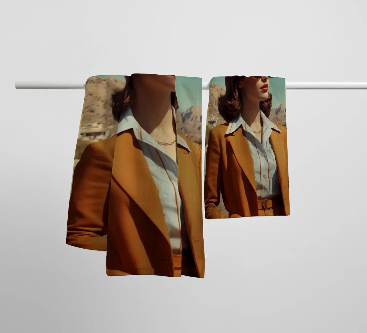 Donna elegante in abbigliamento retrò in piedi in una strada della città asciugamano da bagno da DesignDoodle