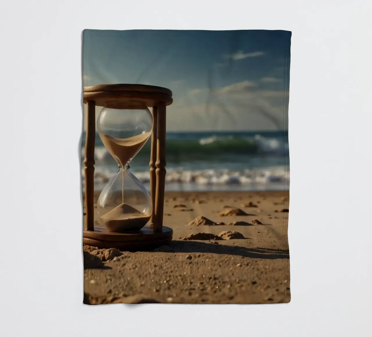 Sand timer placed gently on a beach as waves break softly fleece blanket by DesignDoodle
