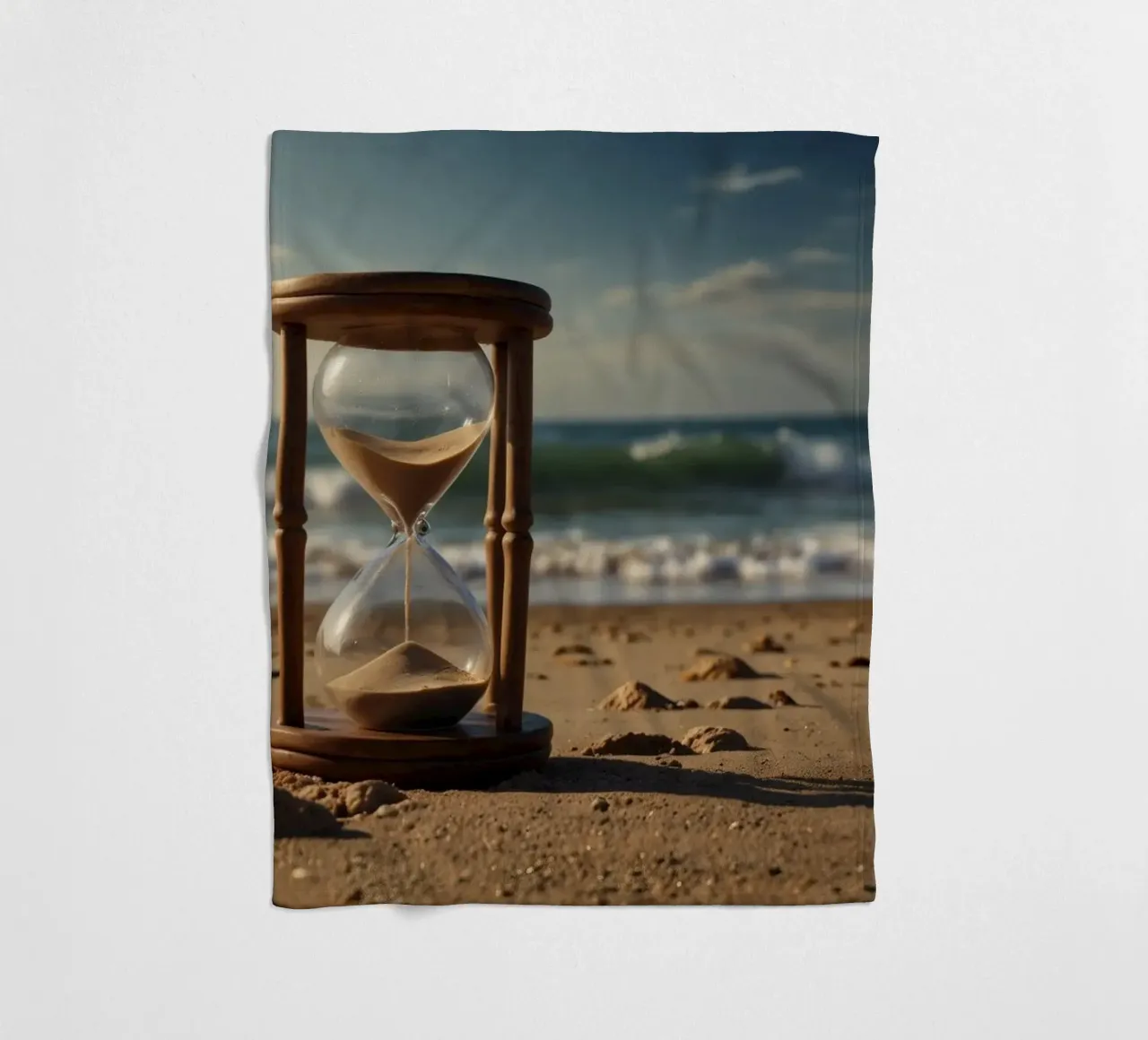 Sand timer placed gently on a beach as waves break softly fleece blanket by DesignDoodle