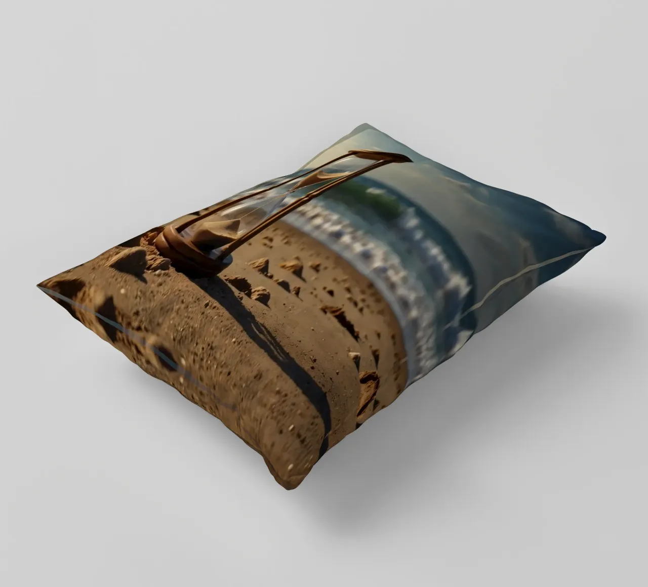 Sand timer placed gently on a beach as waves break softly decorative cushion by DesignDoodle