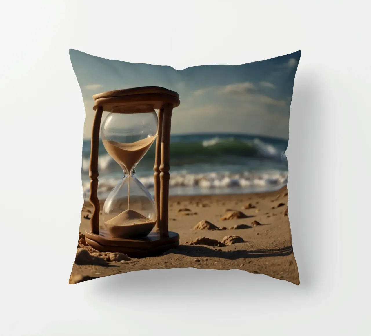 Sand timer placed gently on a beach as waves break softly decorative cushion by DesignDoodle