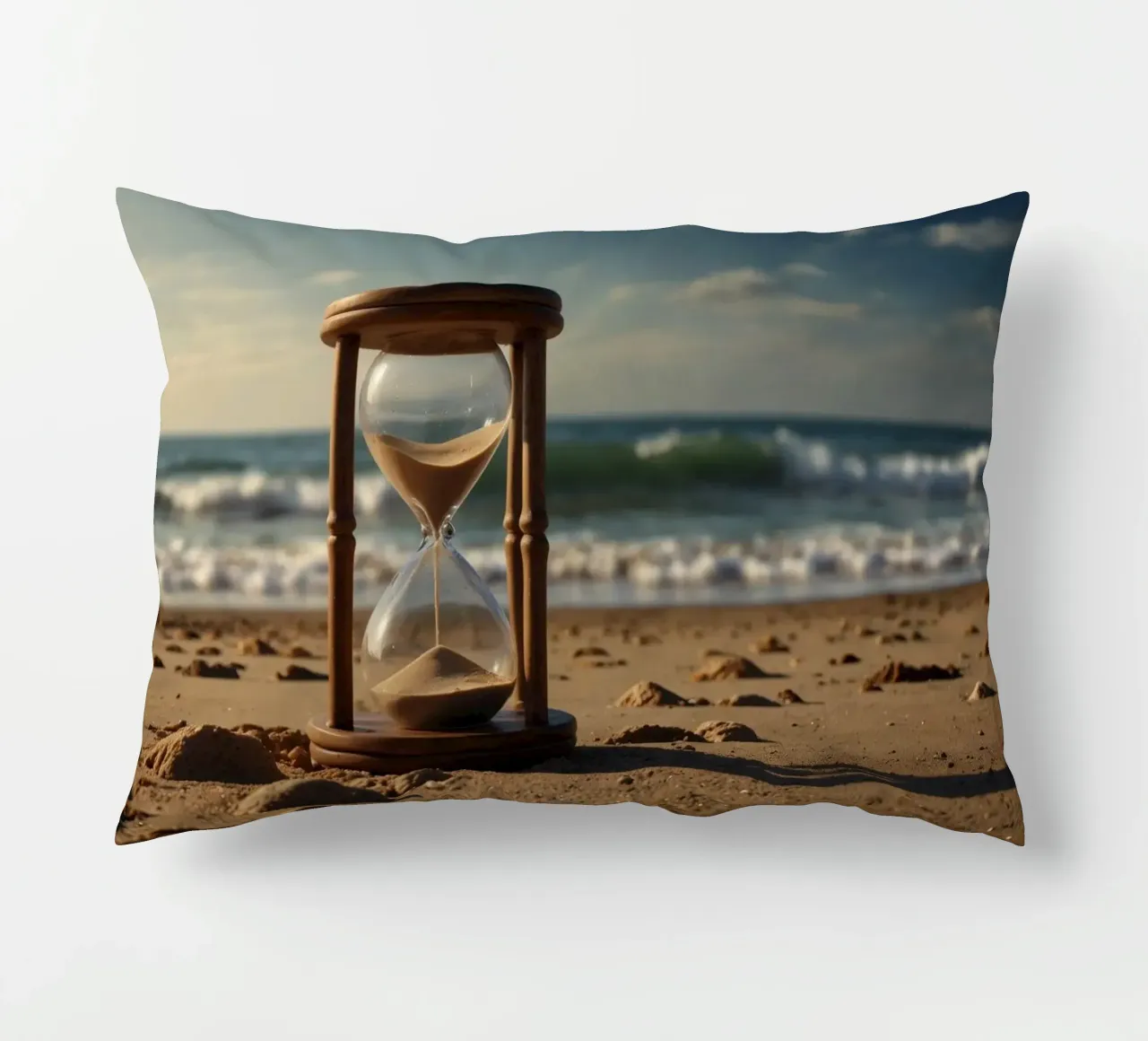 Sand timer placed gently on a beach as waves break softly decorative cushion by DesignDoodle